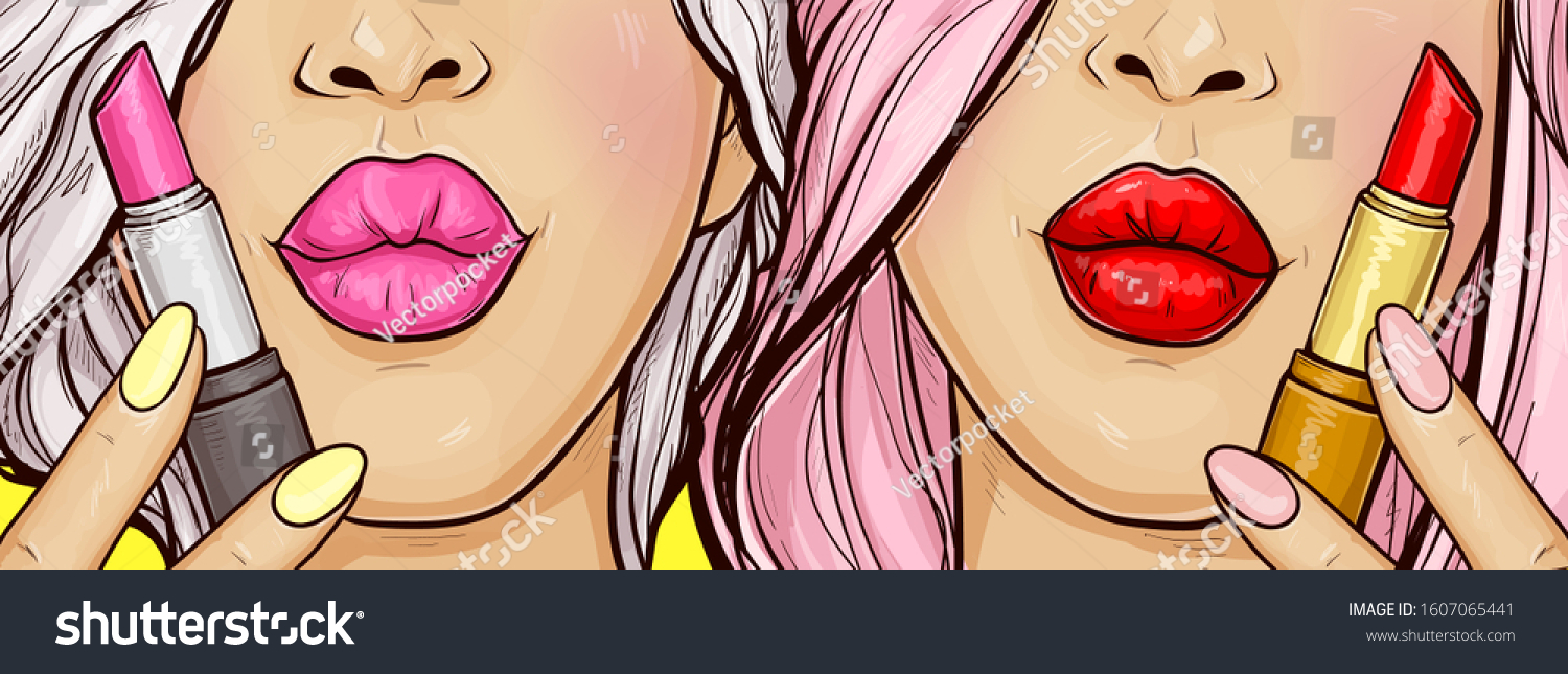 Two Women Portray Kiss Hold Lipstick เวกเตอรสตอก ปลอดคาลขสทธ Shutterstock