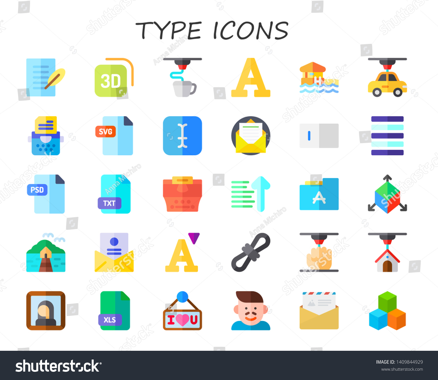 SVG of type icon set. 30 flat type icons.  Simple modern icons about  - letter, d, font, bungalow, typewriter, svg, typing, justify, psd, txt, sort ascending, gioconda, xls, i love you svg