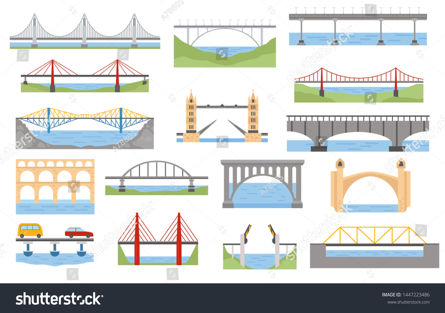 SVG of Types of bridges set. Color graphic design, infographic elements. Vector illustration svg