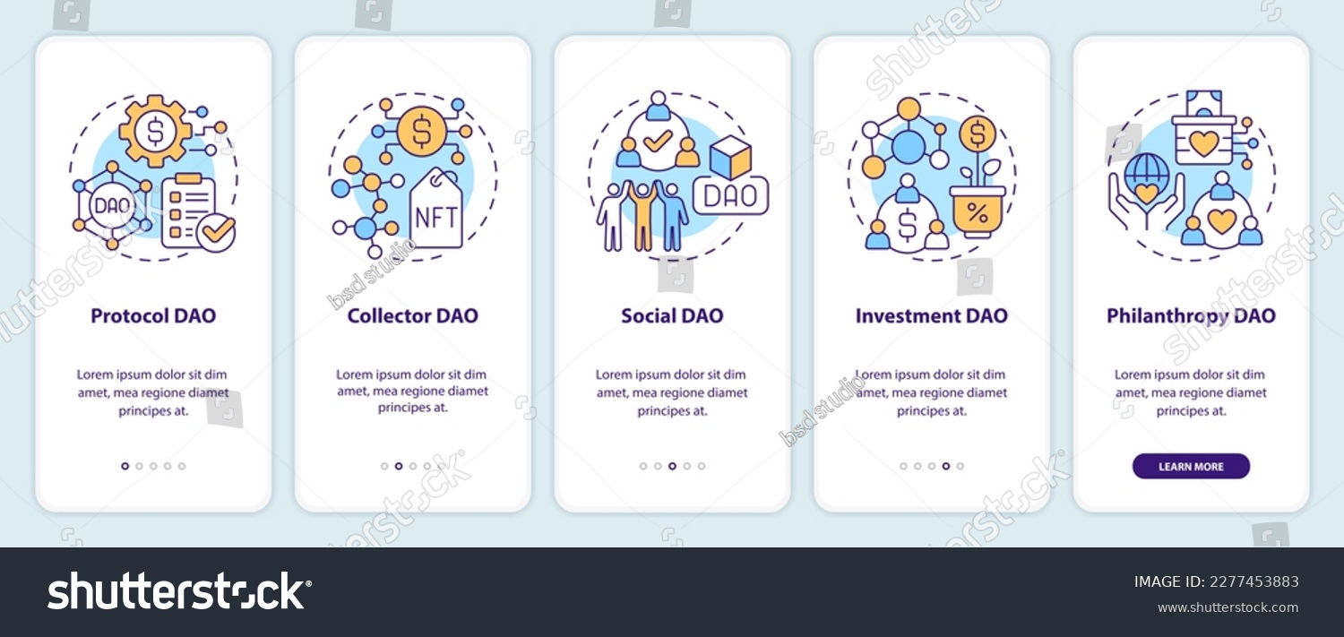 SVG of Types of DAOs onboarding mobile app screen. Internet industry walkthrough 5 steps editable graphic instructions with linear concepts. UI, UX, GUI template. Myriad Pro-Bold, Regular fonts used svg