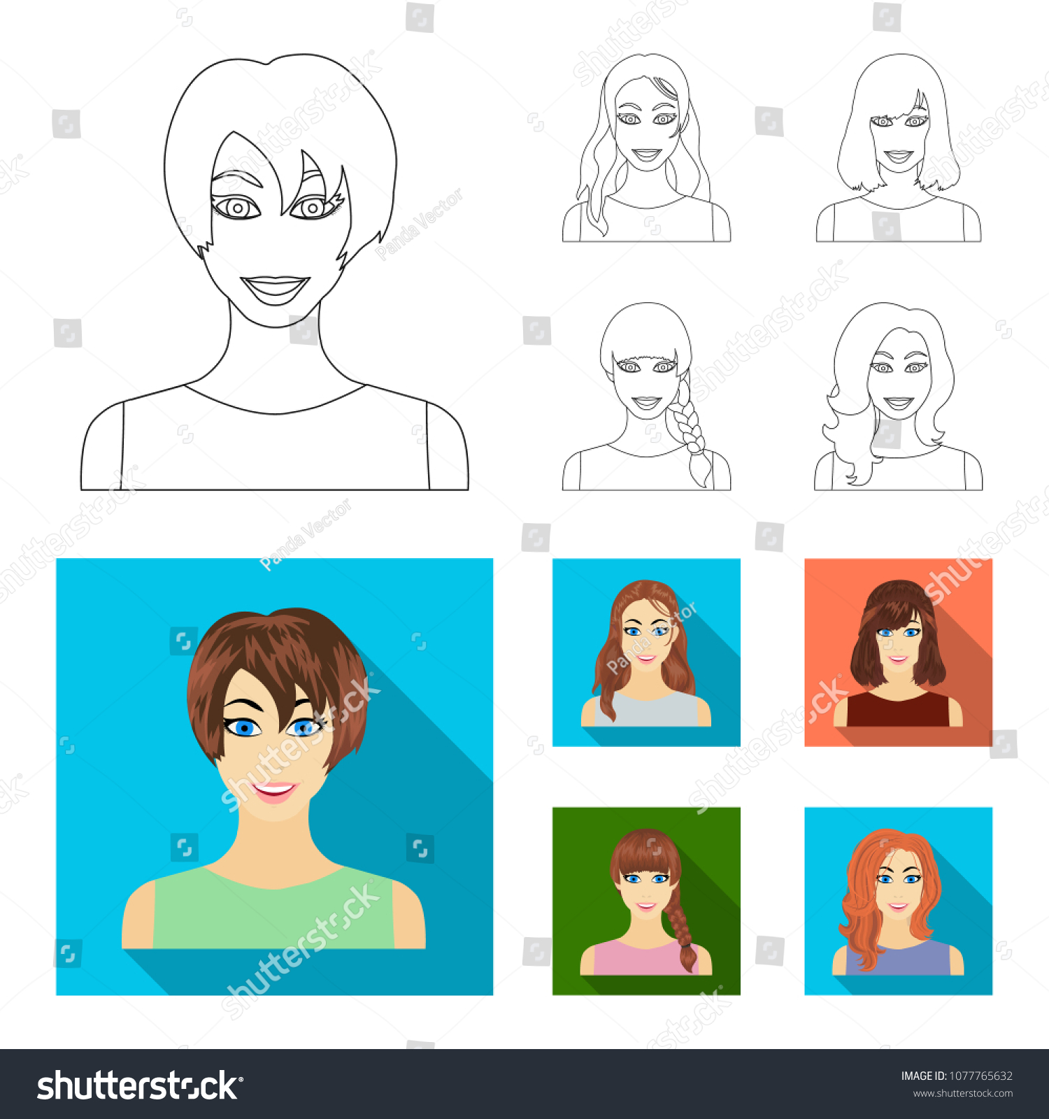 Types Female Hairstyles Outlineflat Icons Set Stock Vector (Royalty ...