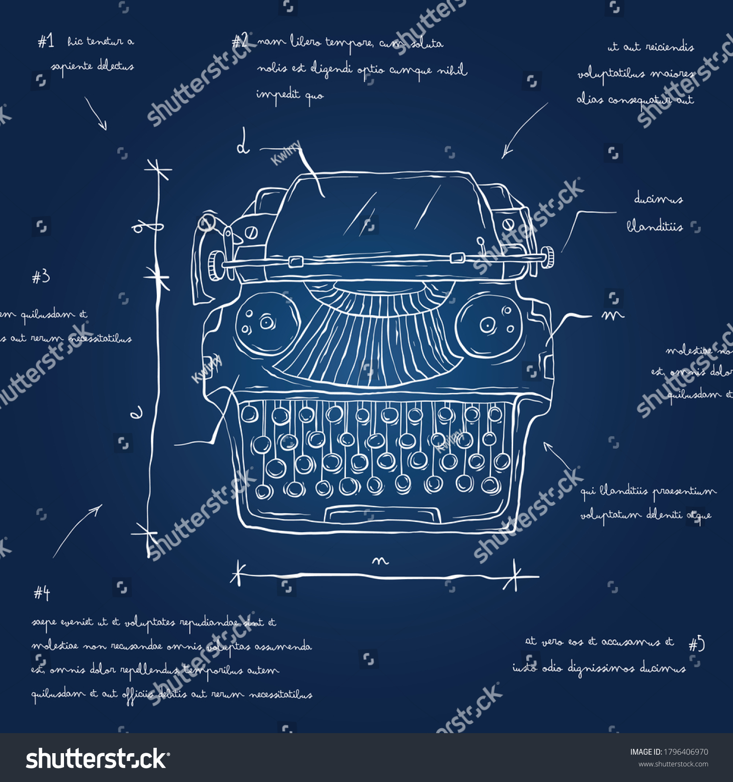 Typewriter Blueprint Hand Drawn Typewriter Sketch Stock Vector (Royalty