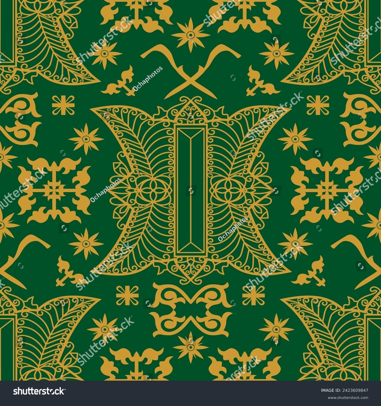 SVG of Typical Acehnese batik. Traditional art patterns from the province of Aceh, Indonesia, with a dark green background and gold ornaments svg