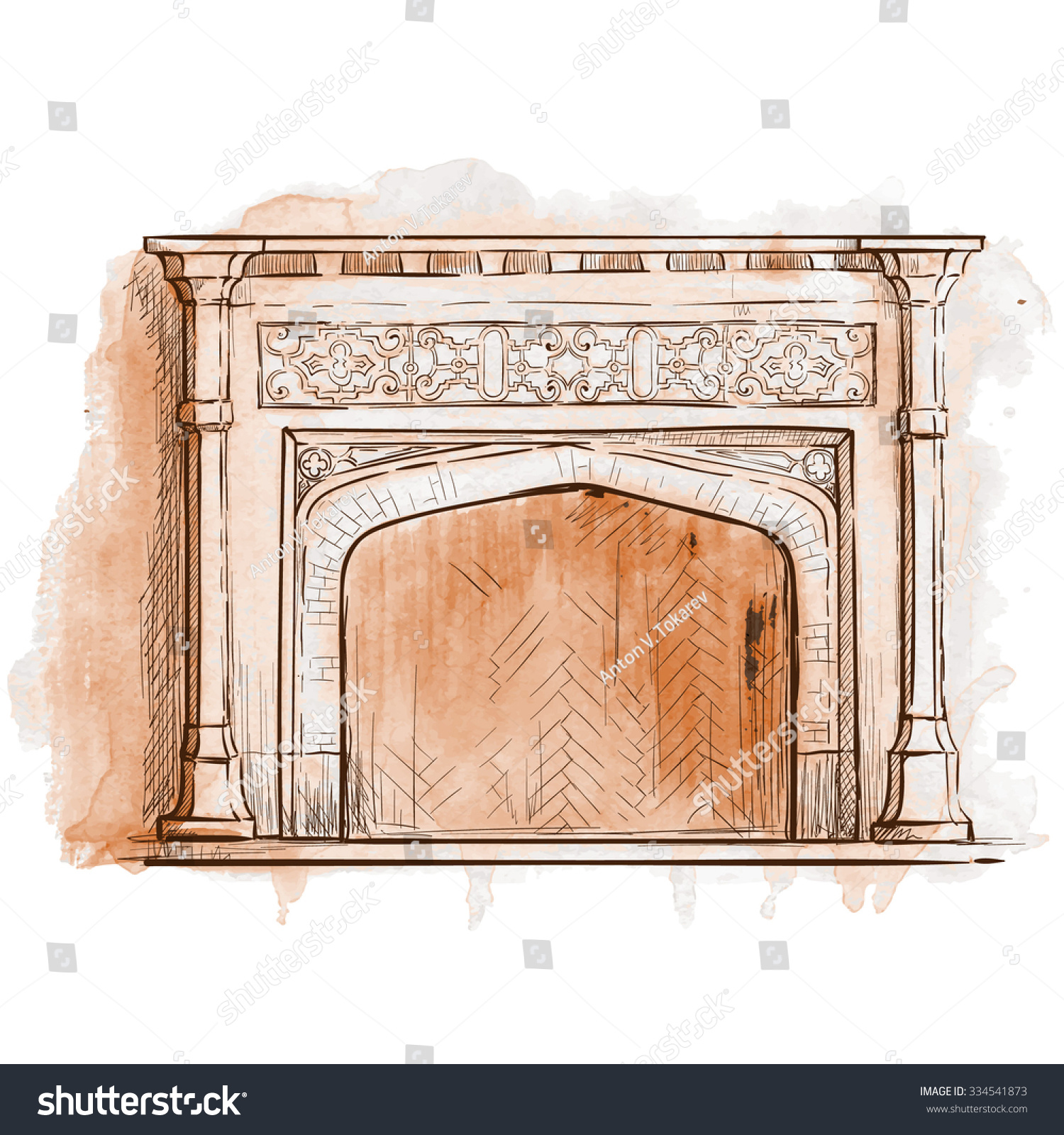 Typical Fireplace Tudor Period Linear Sketch Stock Image