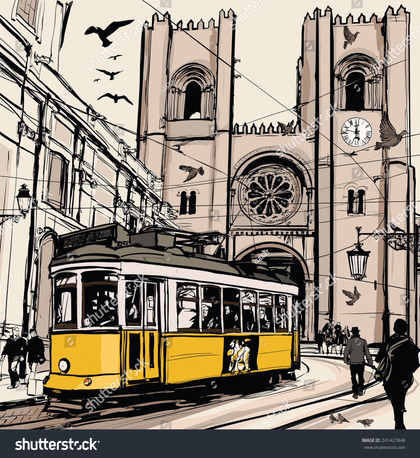 Typical Tramway Lisbon Near Se Cathedral Stock Vector 241427848 ...