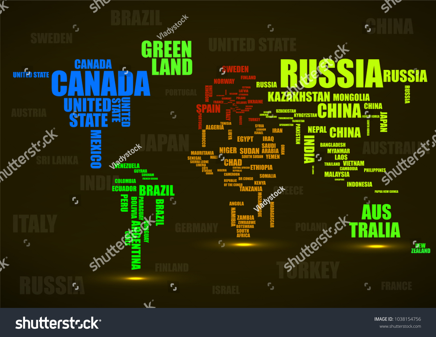 Typography Colorful World Map Country Names Stock Vector Royalty Free 1038154756