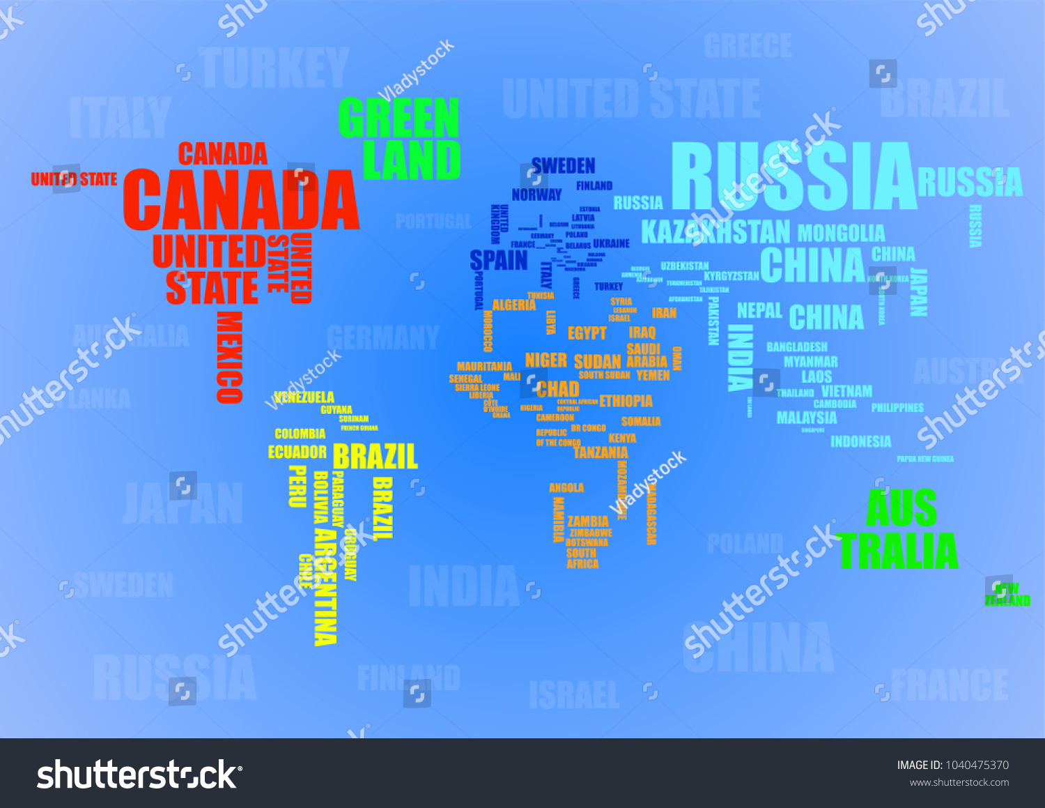 Typography Colorful World Map Country Names Stock Vector (Royalty Free ...