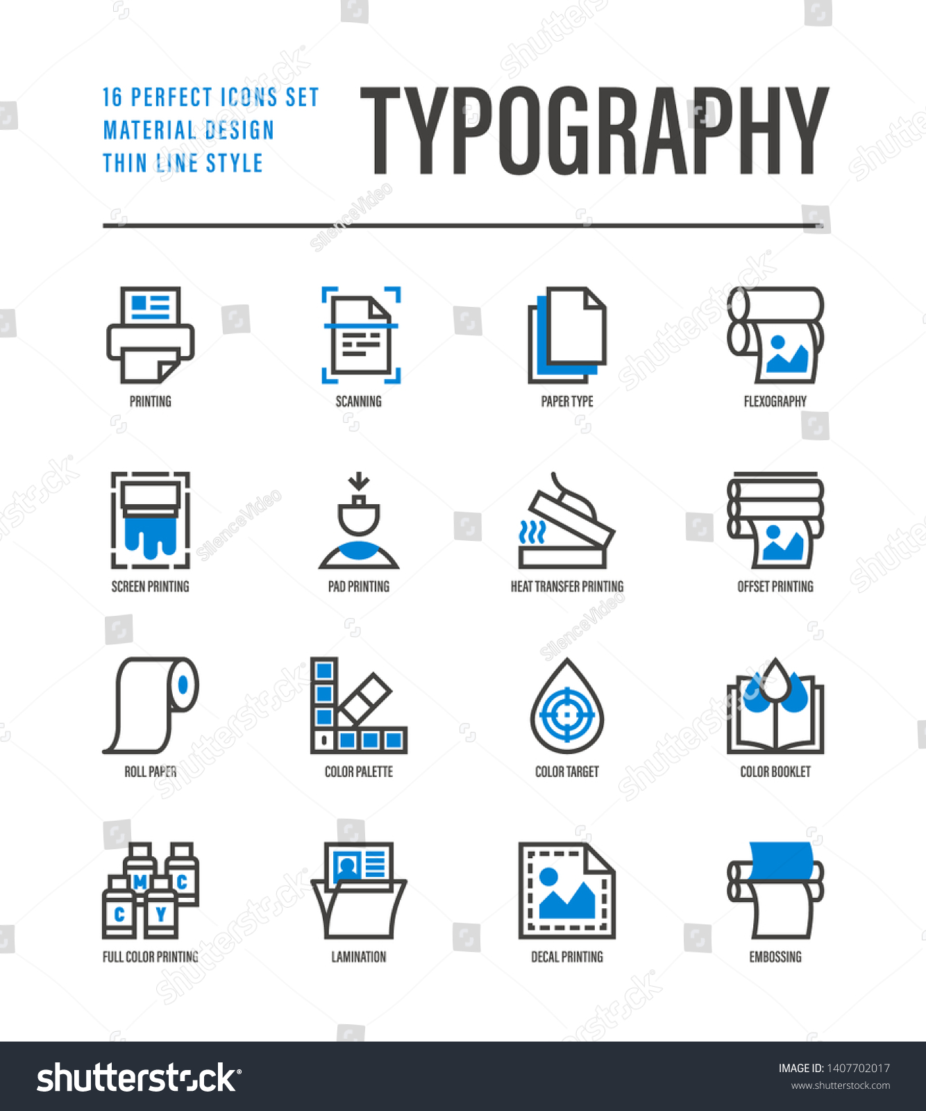 SVG of Typography, polygraphy thin line icons set. Printing, scanning, flexography, offset, roll paper, color palette, lamination, heat transfer printing, embossing. Vector illustration. svg