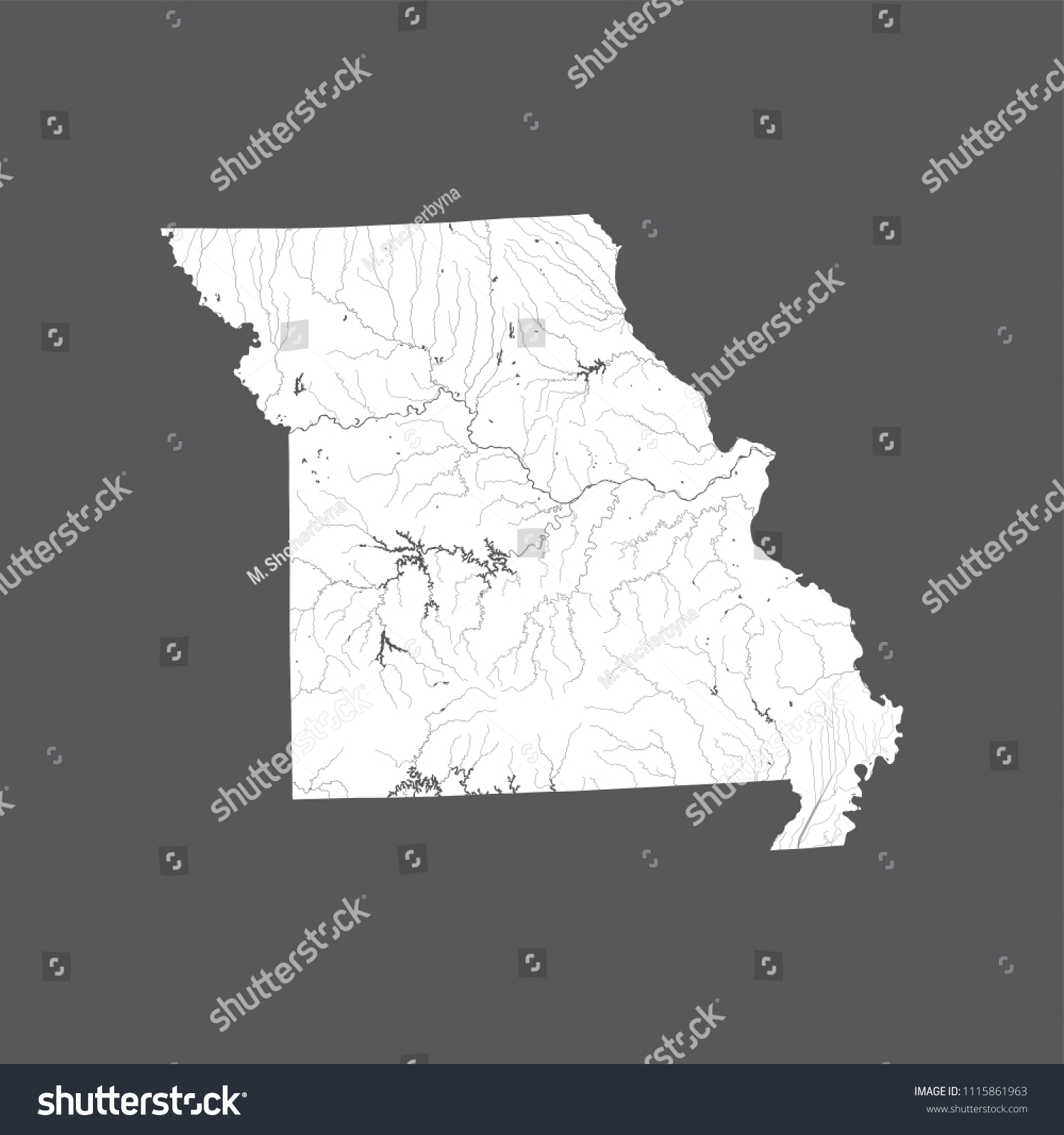 SVG of U.S. states - map of Missouri. Hand made. Rivers and lakes are shown. Please look my other images of cartographic series - they are all very detailed and carefully drawn by hand WITH RIVERS AND LAKES. svg