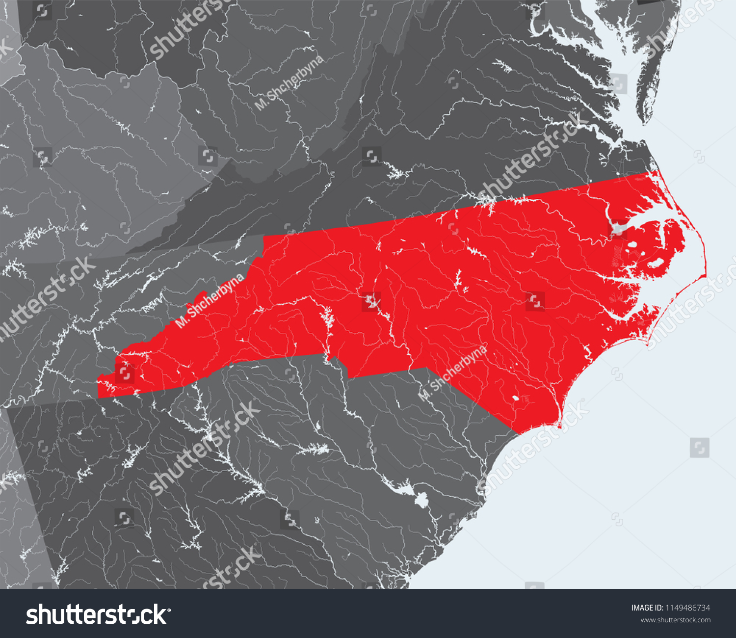 Us States Map North Carolina Rivers Vector De Stock Libre De Regalías 1149486734 Shutterstock