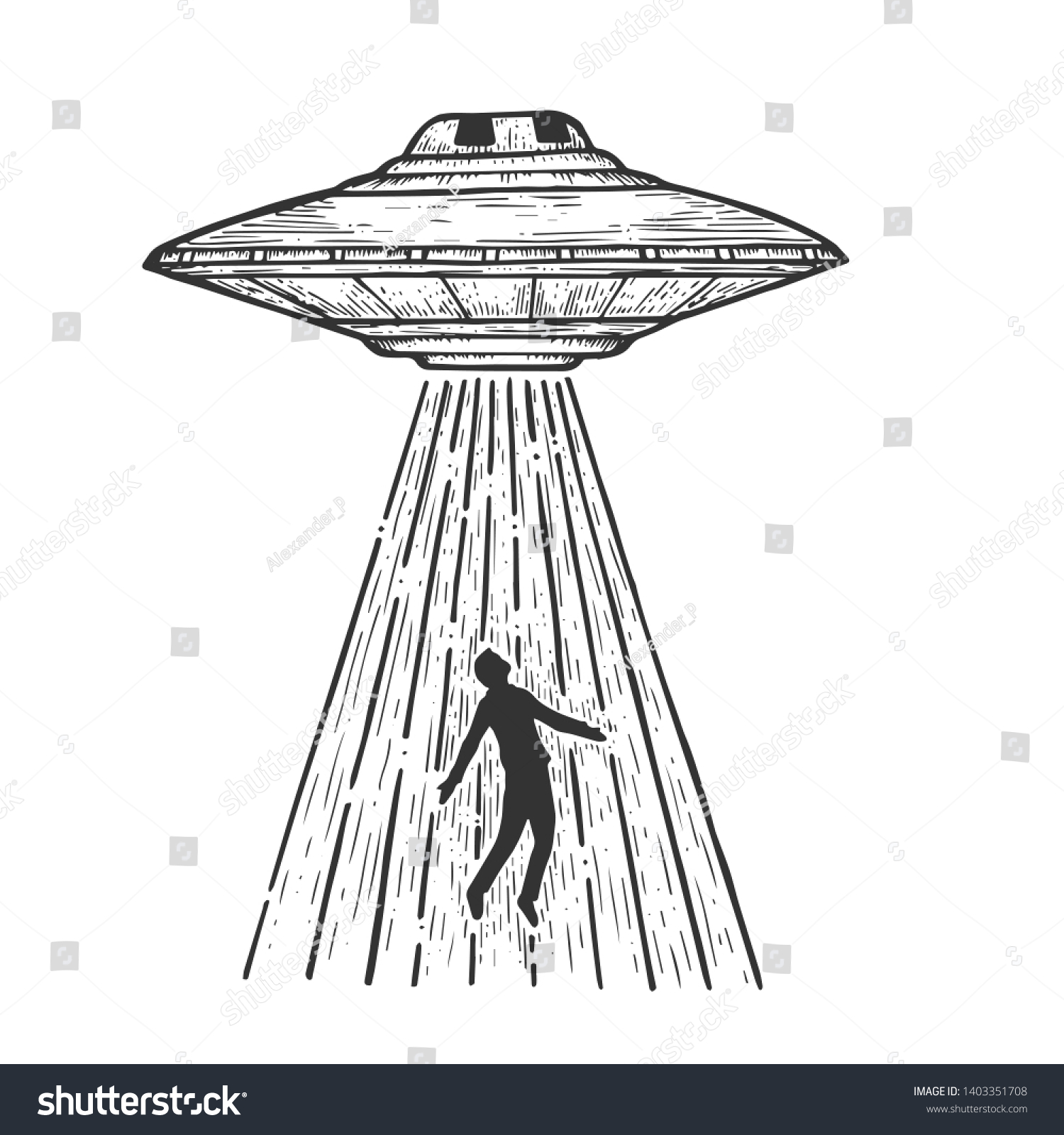 Ufo Flying Suserは 人間をスケッチ線画彫刻ベクターイラストで誘拐する スクラッチボードのスタイルの模倣 白黒の手描きの画像 のベクター画像素材 ロイヤリティフリー