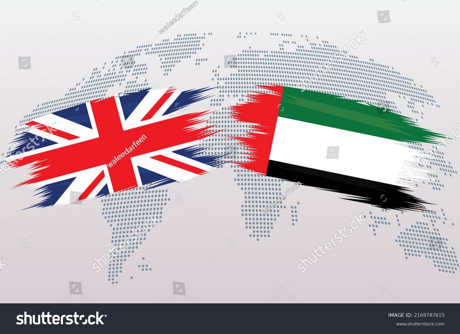 SVG of UK Great Britain and UAE flags. The United Kingdom and United Arab Emirates flags, isolated on grey world map background. Vector illustration. svg