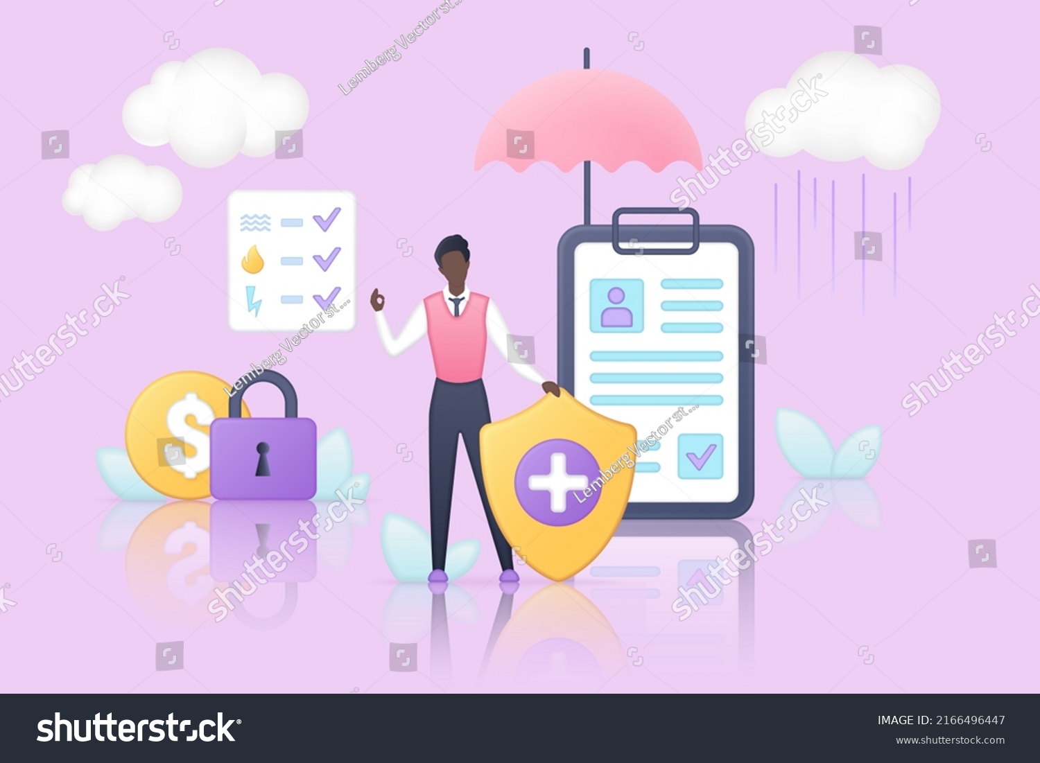 SVG of Umbrella, claim document and tiny employee holding medical shield to protect health life from accidents infographic 3d vector illustration. Warranty, insurance medicine and protection service concept svg