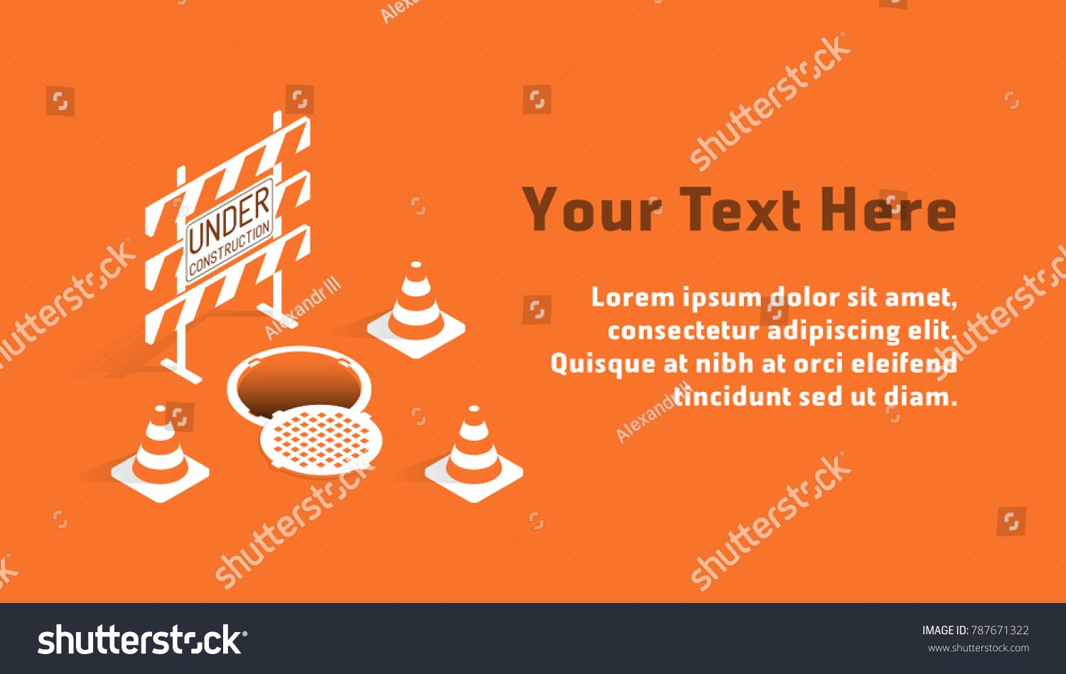 SVG of Under construction concept with barricade, manhole and traffic cones in orange and white tones. Isometric template with sample text svg