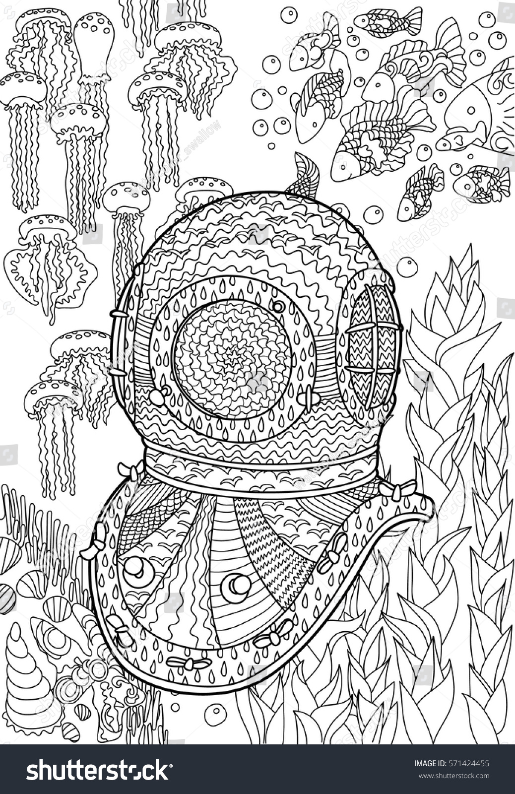 Underwater antique divers helmet and sea bottom Coloring pages for adult in zenart style