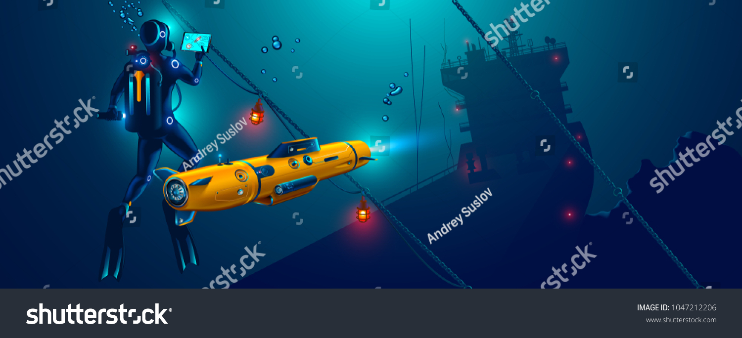 Underwater Autonomous Robot Exploration Sea Floor Stock Vector