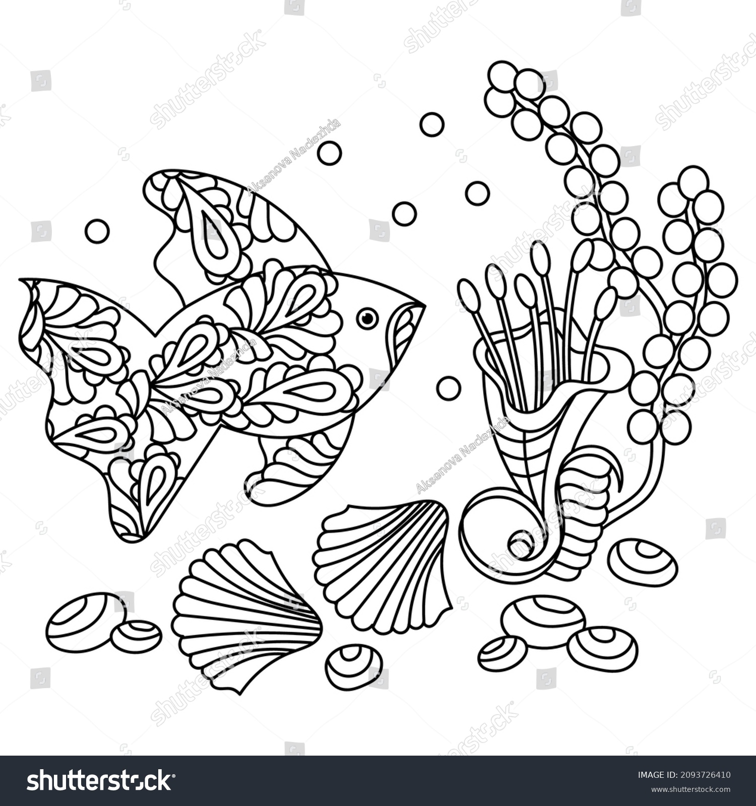 Underwater Coloring Page Vector Fish Seaweed Stock Vector (Royalty Free