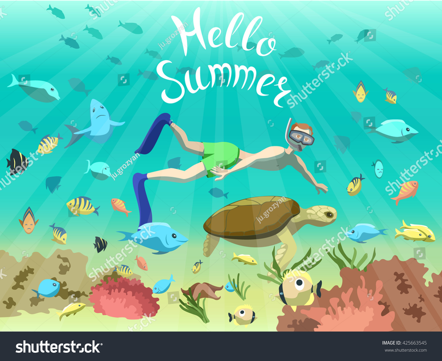 Underwater Illustration Young Man Snorkeling Ocean Stock Vector