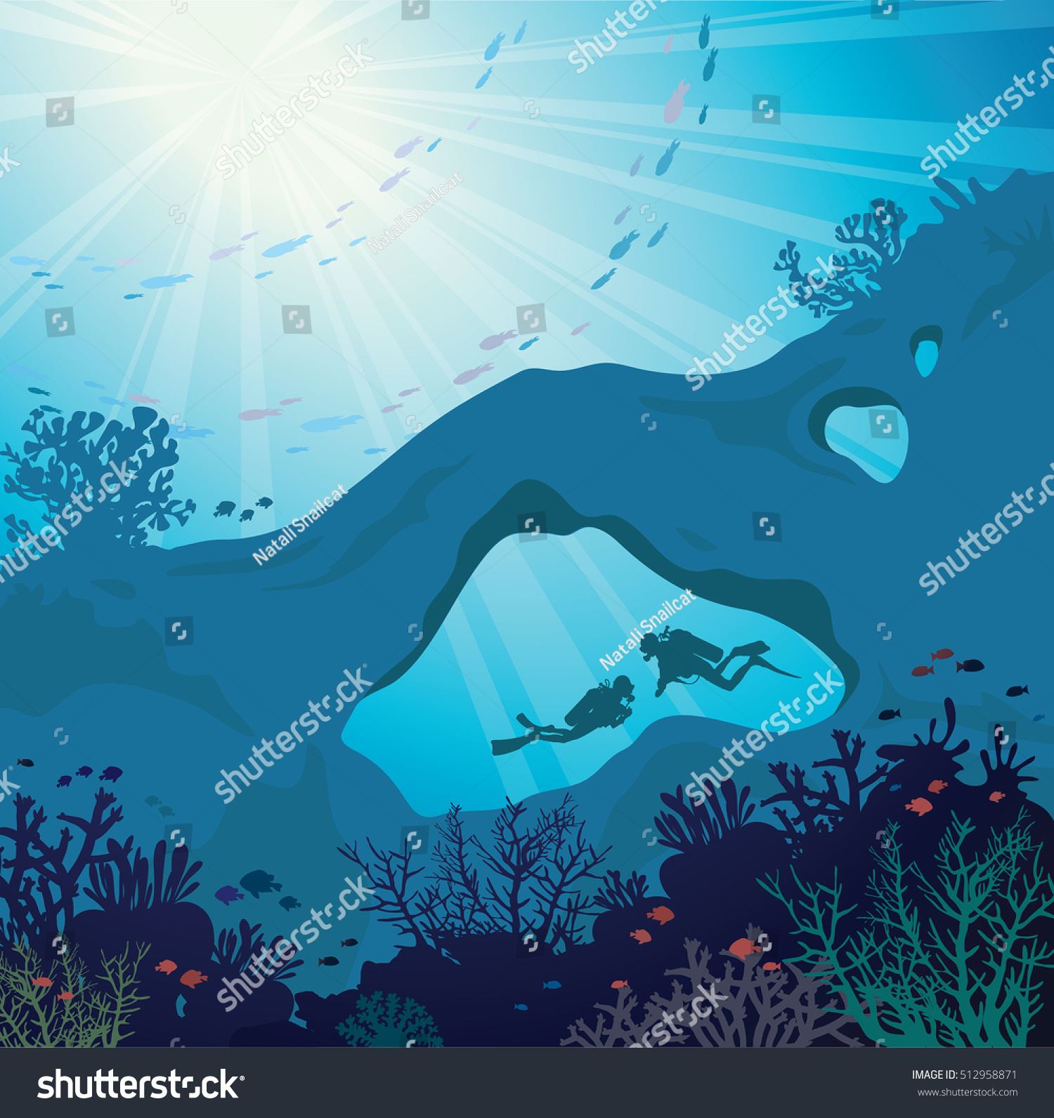 水中の海洋生物 洞窟の中に2人のスキューバダイバーと 青い海に魚の群れを持つ美しいサンゴ礁のシルエット 自然のベクターイラスト のベクター画像素材 ロイヤリティフリー
