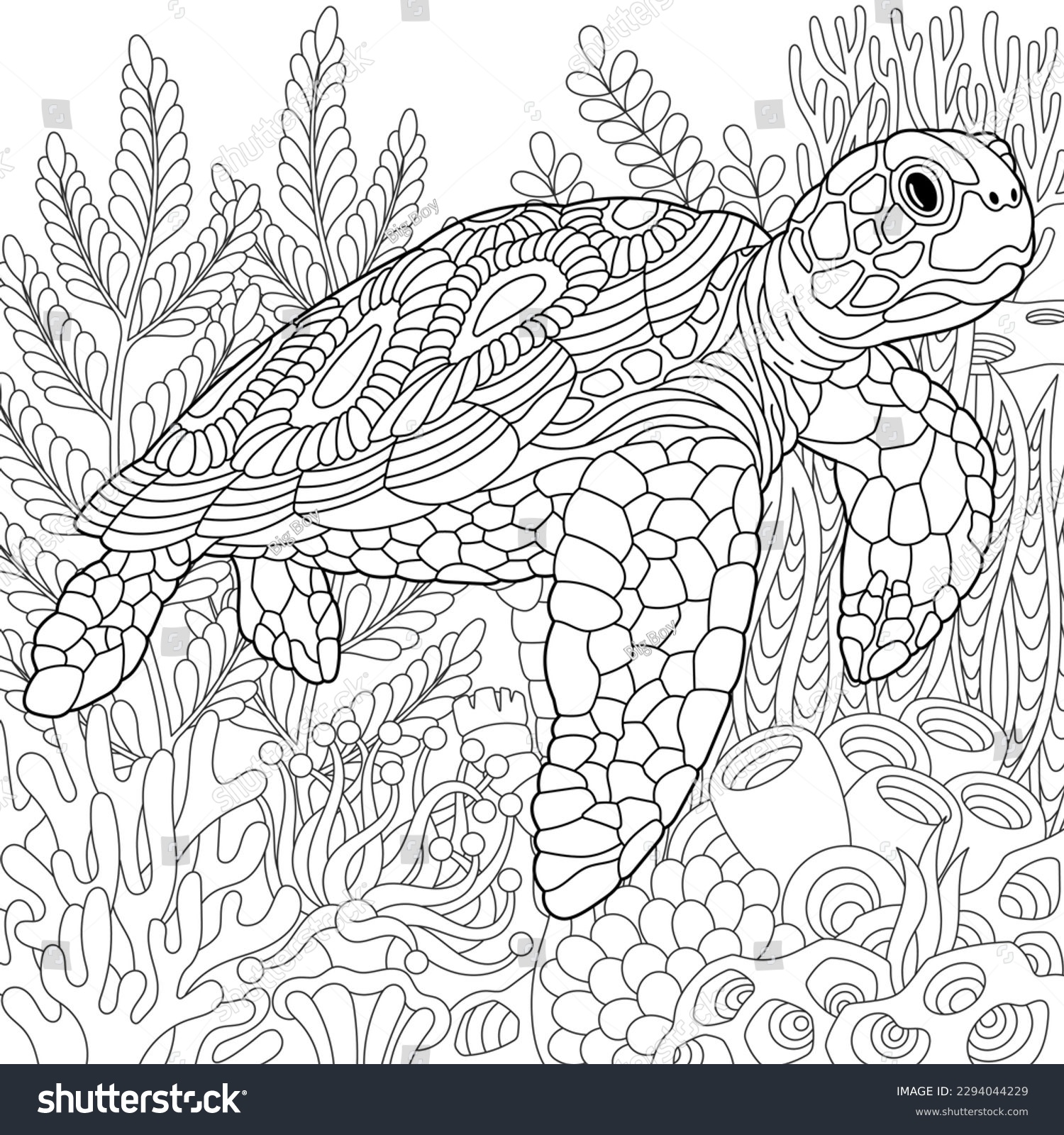 SVG of Underwater scene with a turtle. Adult coloring book page with intricate mandala and zentangle elements svg