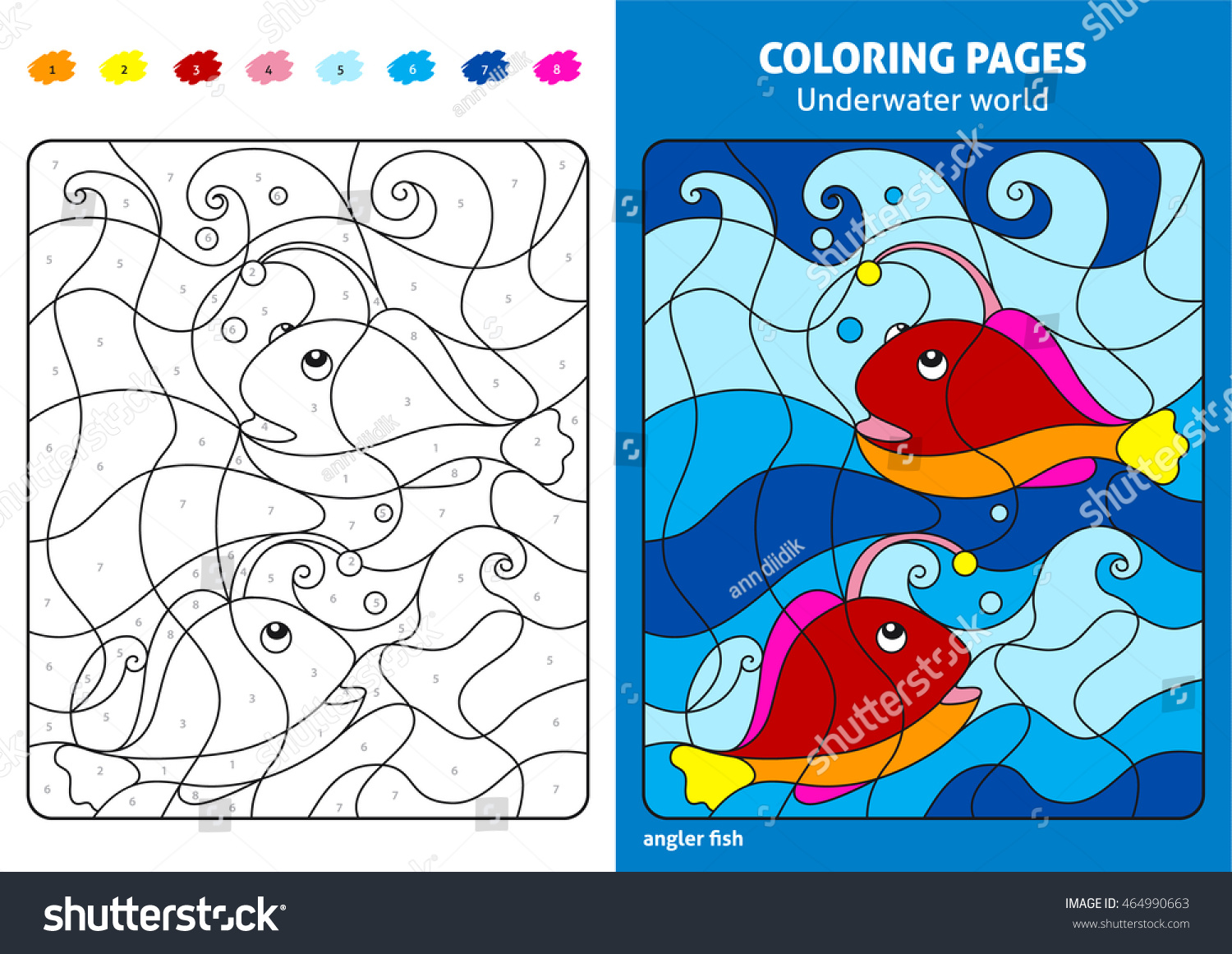 Download Underwater World Coloring Page Kids Angler Stock Vector 464990663 - Shutterstock