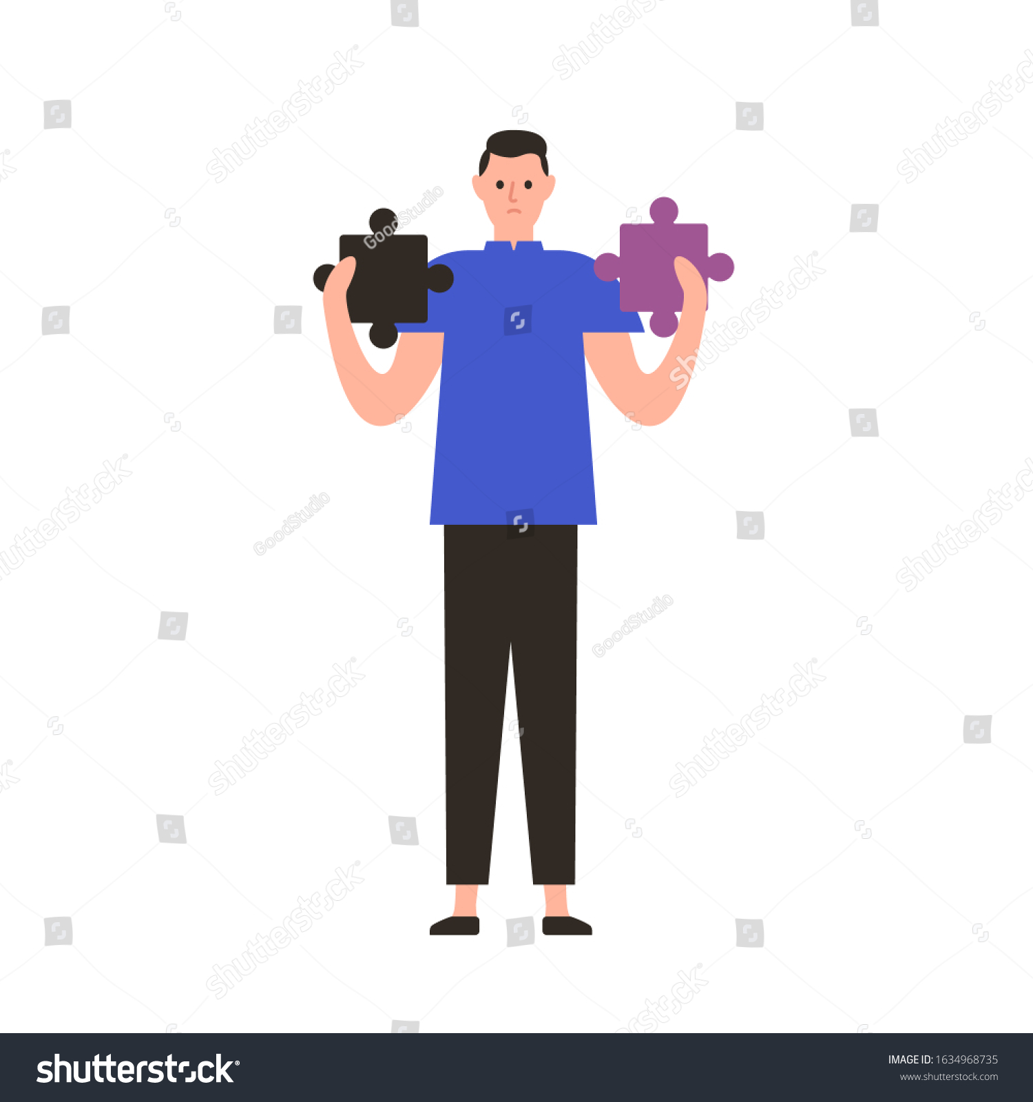 SVG of Unhappy cartoon man holding inappropriate jigsaw puzzle pieces vector flat illustration. Concept of problem solving, difficult in business, no solution found. Lonely sad guy having trouble svg