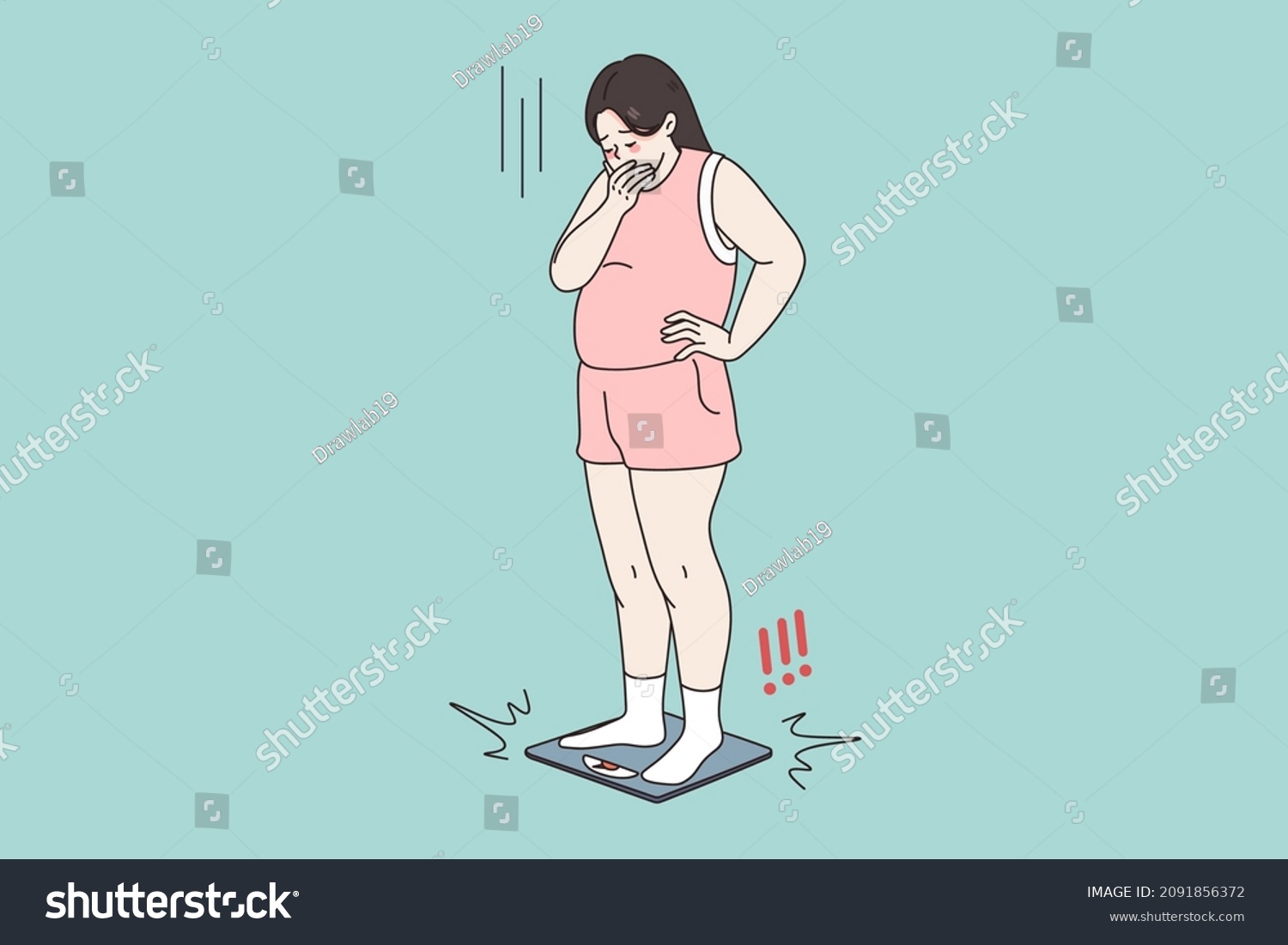 SVG of Unhappy obese woman stand on scales shocked by weight gain. Upset stressed fat girl frustrated by number on weigh. Overweight, obesity concept. Diet and healthy lifestyle. Vector illustration.  svg