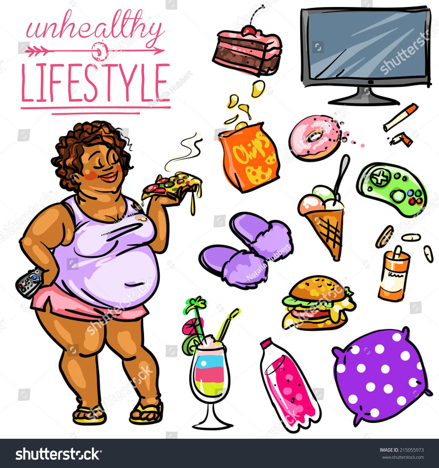 Unhealthy Lifestyle Hand Drawn Cartoon Collection Stock Vector Royalty