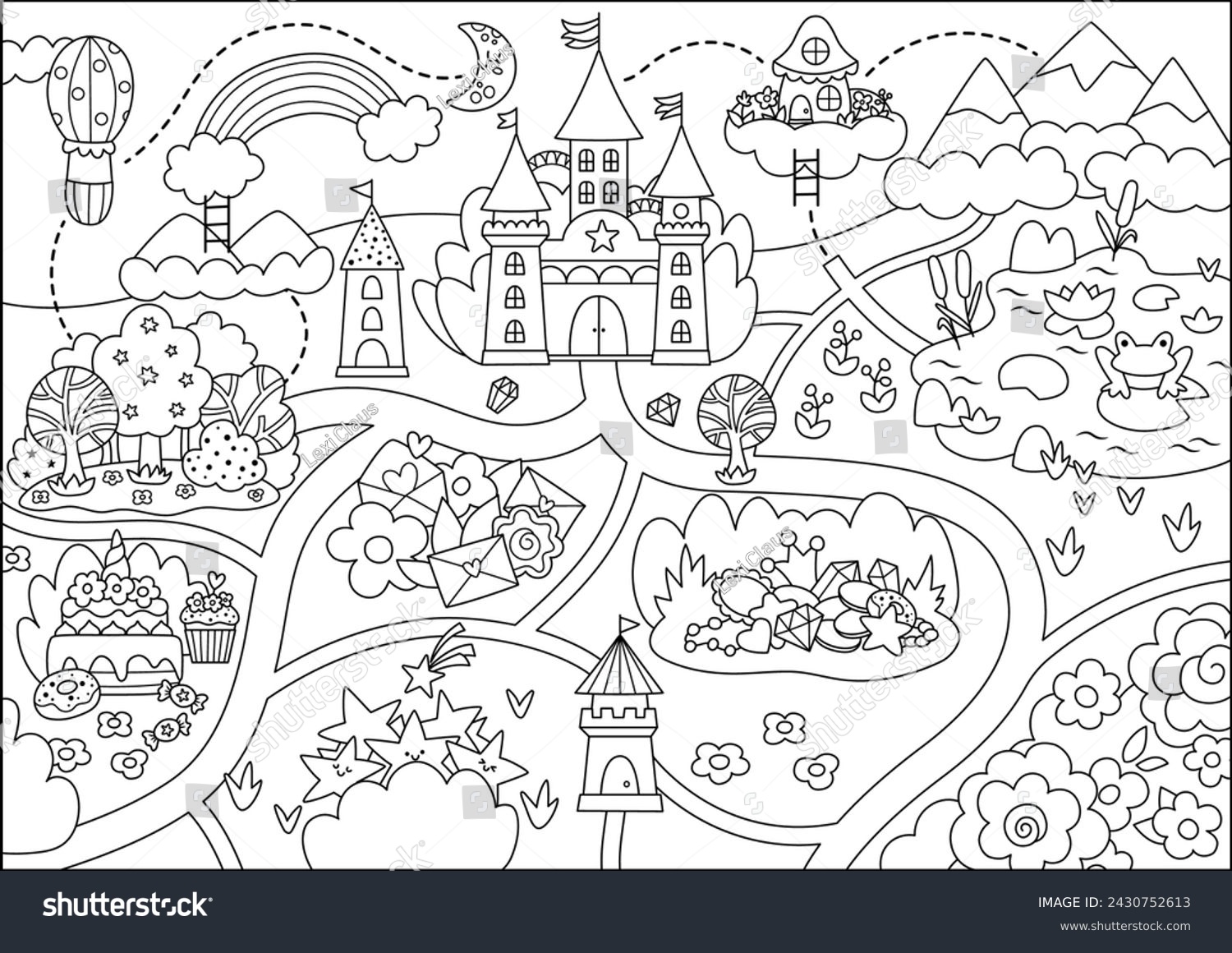 SVG of Unicorn black and white village map. Fairytale line background. Vector magic country coloring page with castle, rainbow, forest, pond, road. Fantasy world plan with fallen stars, treasures, sweets
 svg