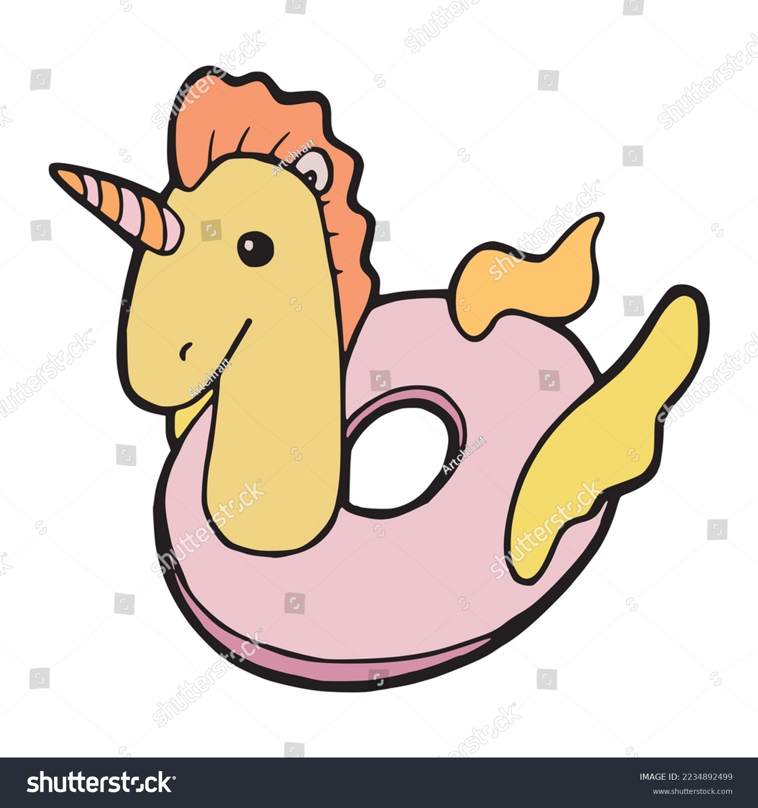 recommend clip art: Unicorn inflatable summer toy hand drawn outline illustration. Water pool and beach float swimming horse toy simple contour color pen drawing. Retro children girly inflatable floating ring shape belt.