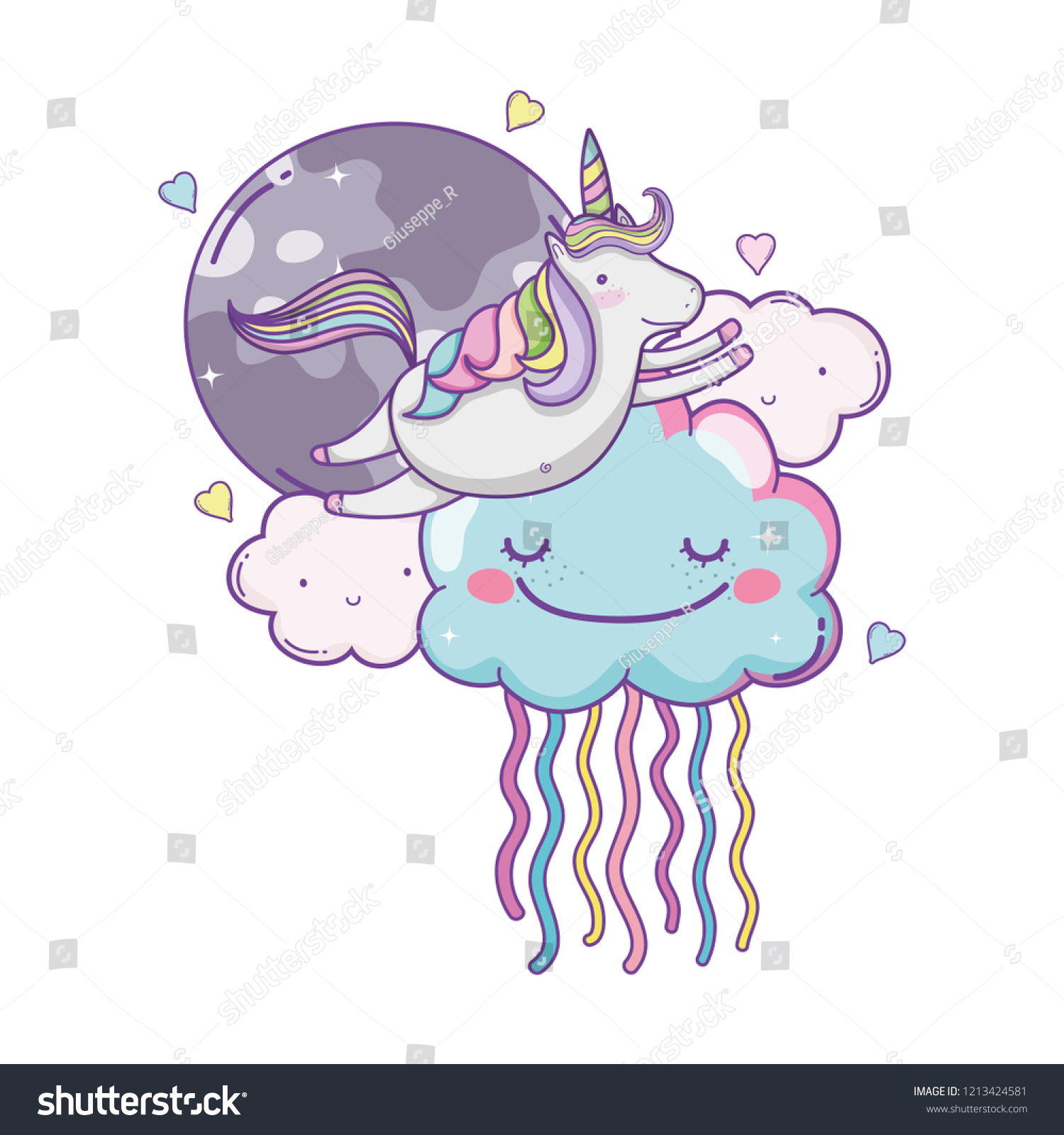 Unicorn On Clouds Cute Cartoons เวกเตอร์สต็อก ปลอดค่าลิขสิทธิ์