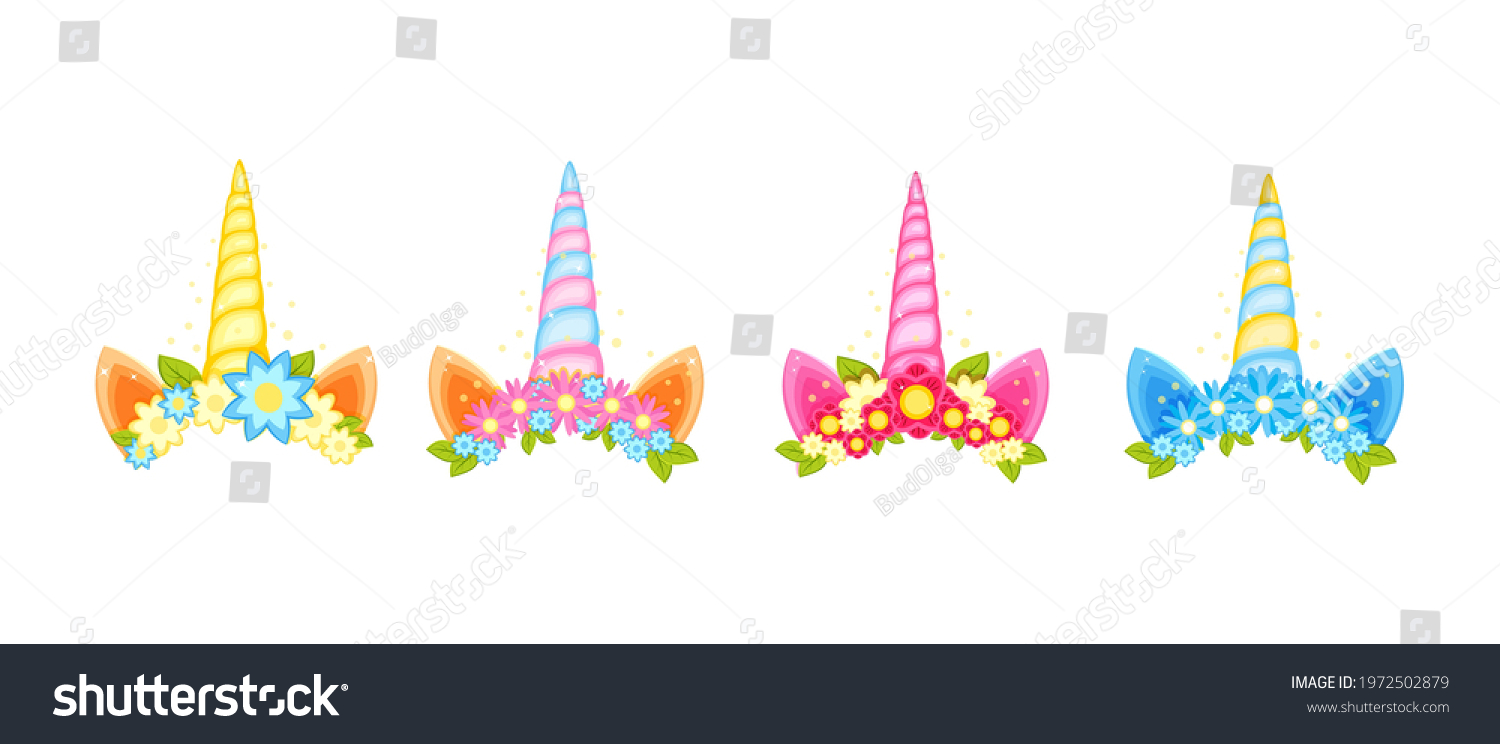 SVG of Unicorn tiara set with different flowers, ears and horns. Golden unicorn horns with flower and hear vector illustration in a cartoon flat style isolated on white background. svg
