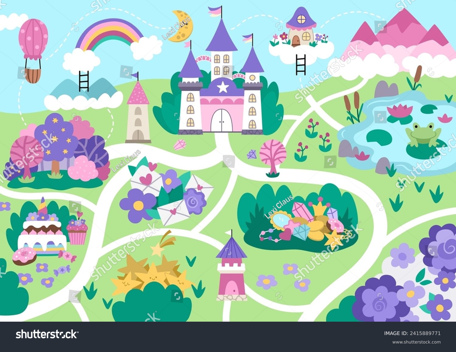SVG of Unicorn village map. Fairytale background. Vector magic country scenes infographic elements with castle, rainbow, forest, pond, road. Fantasy world plan with fallen stars, treasures, sweets
 svg