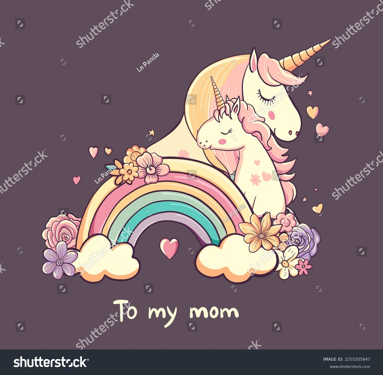 SVG of Unicorn with baby, flowers, hearts. Mothers day card, text To my mom. Beautiful cartoon character mother and baby together. Pretty animals with horns. Vector illustration for holiday unicorns design  svg