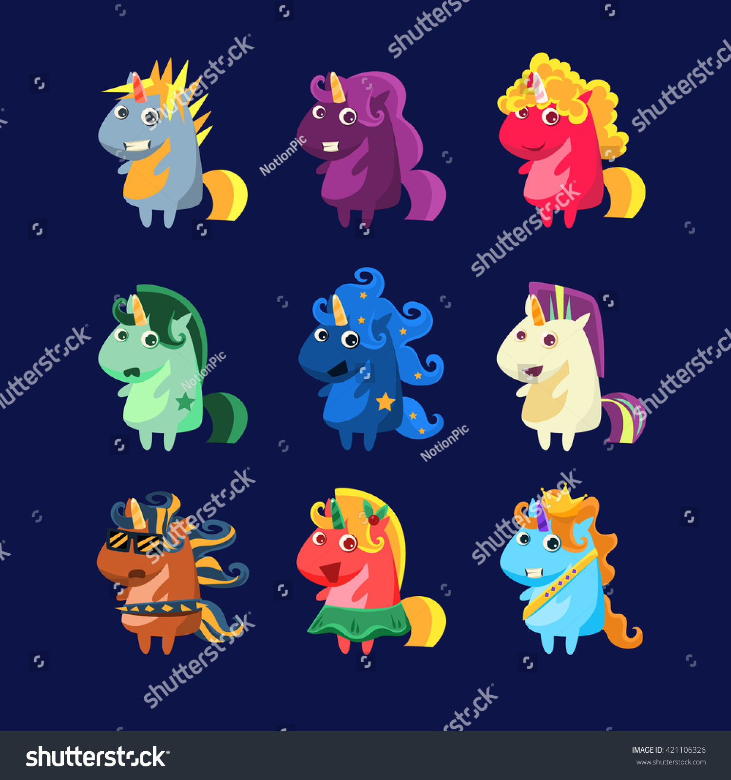 SVG of Unicorns In Costumes Set Of Flat Bright Color Childish Cartoon Design Vector Illustrations Isolated On Dark Background svg