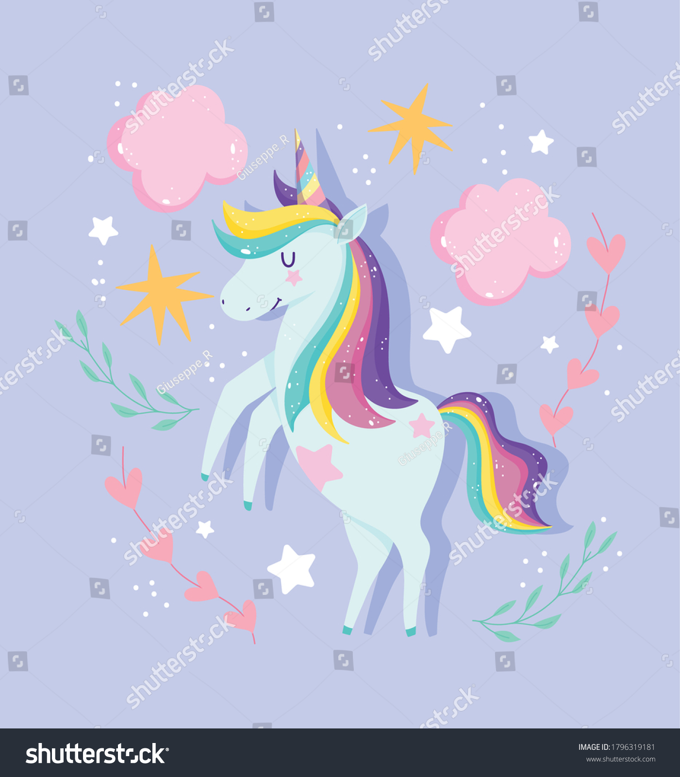 Unicorns Rainbow Mane Clouds Stars Floral Stock Vector Royalty Free