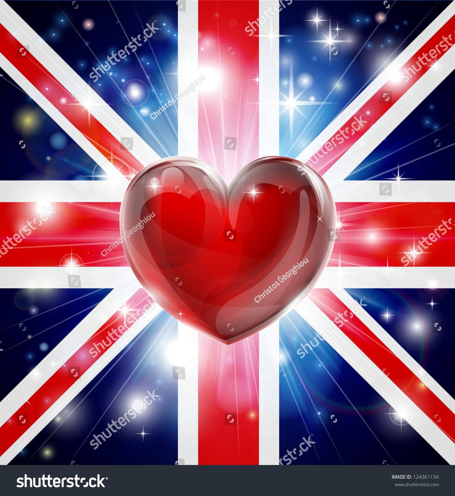 SVG of Union Jack patriotic background with pyrotechnic or light burst and love heart in the centre svg