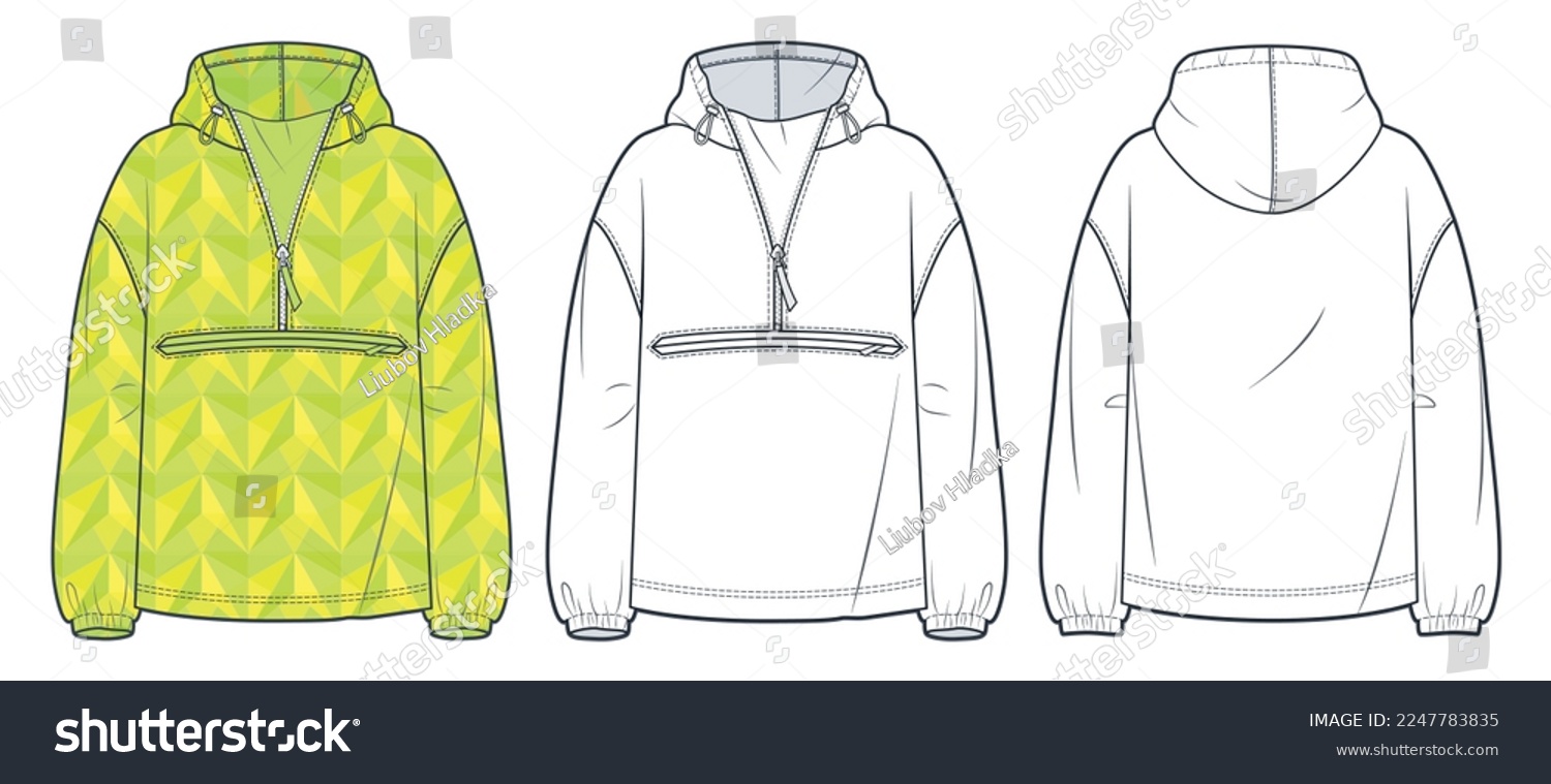 SVG of Unisex Hoodie fashion design. Set of Hoodie Sweatshirt fashion flat technical drawing template, zip-up, front and back view, white, women, men CAD mockup. svg