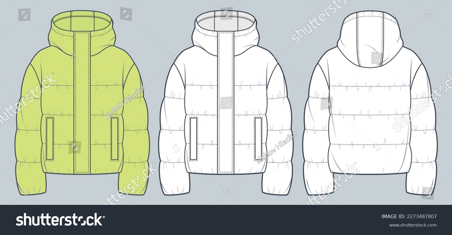 SVG of Unisex quilted padded Jacket technical fashion Illustration. Hooded down Jacket technical drawing template, crop, pocket, front and back view, white, yellow, women, men, unisex CAD mockup set. svg