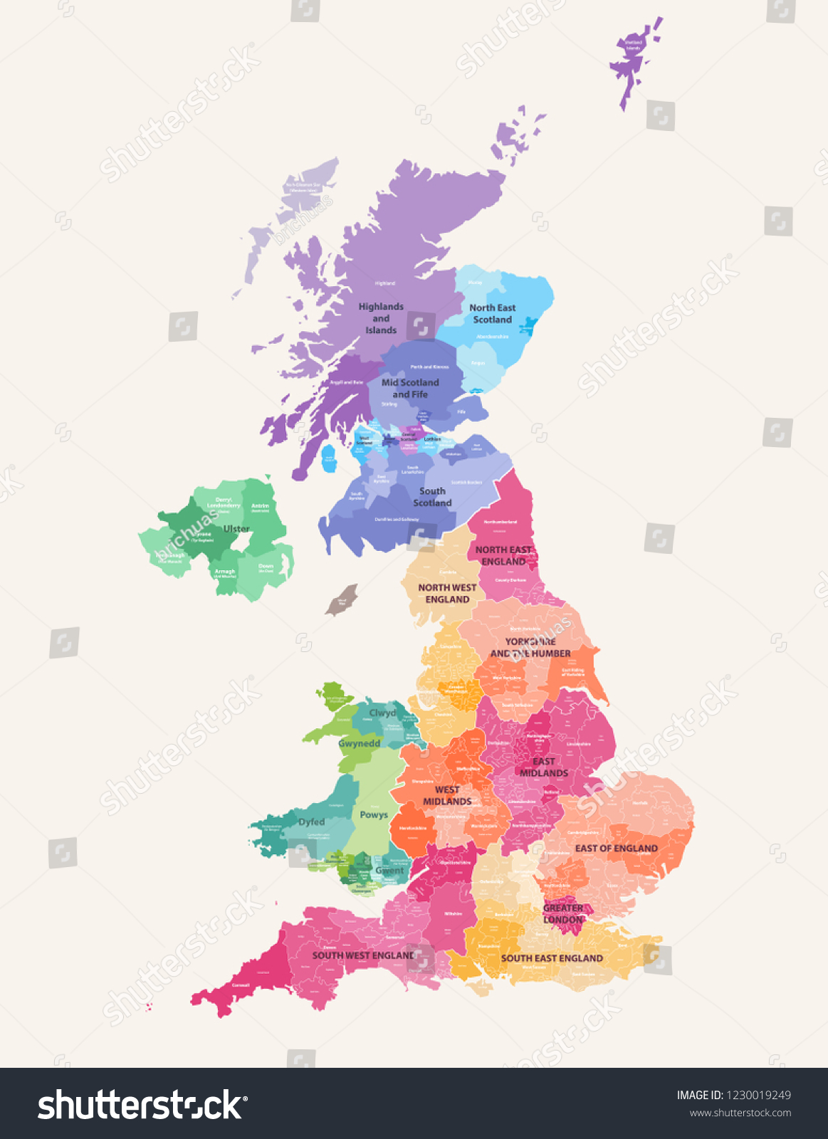 SVG of United Kingdom administrative districts high detailed vector map colored by regions with editable and labelled layers svg