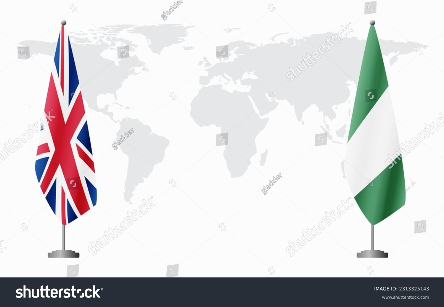 SVG of United Kingdom and Nigeria flags for official meeting against background of world map. svg
