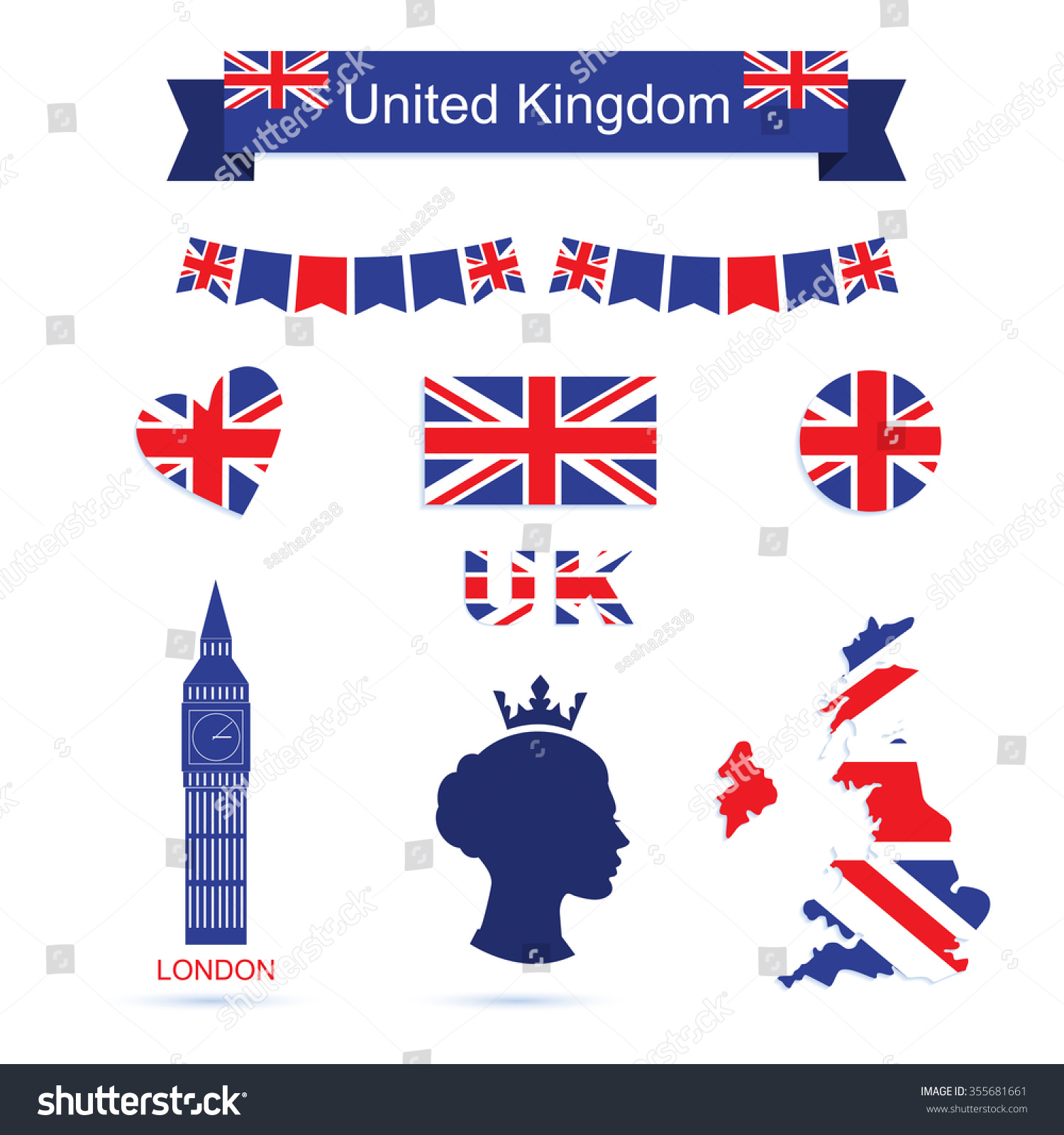 SVG of United Kingdom symbols. UK flag and map icons set. Big ben icon. Queen icon svg