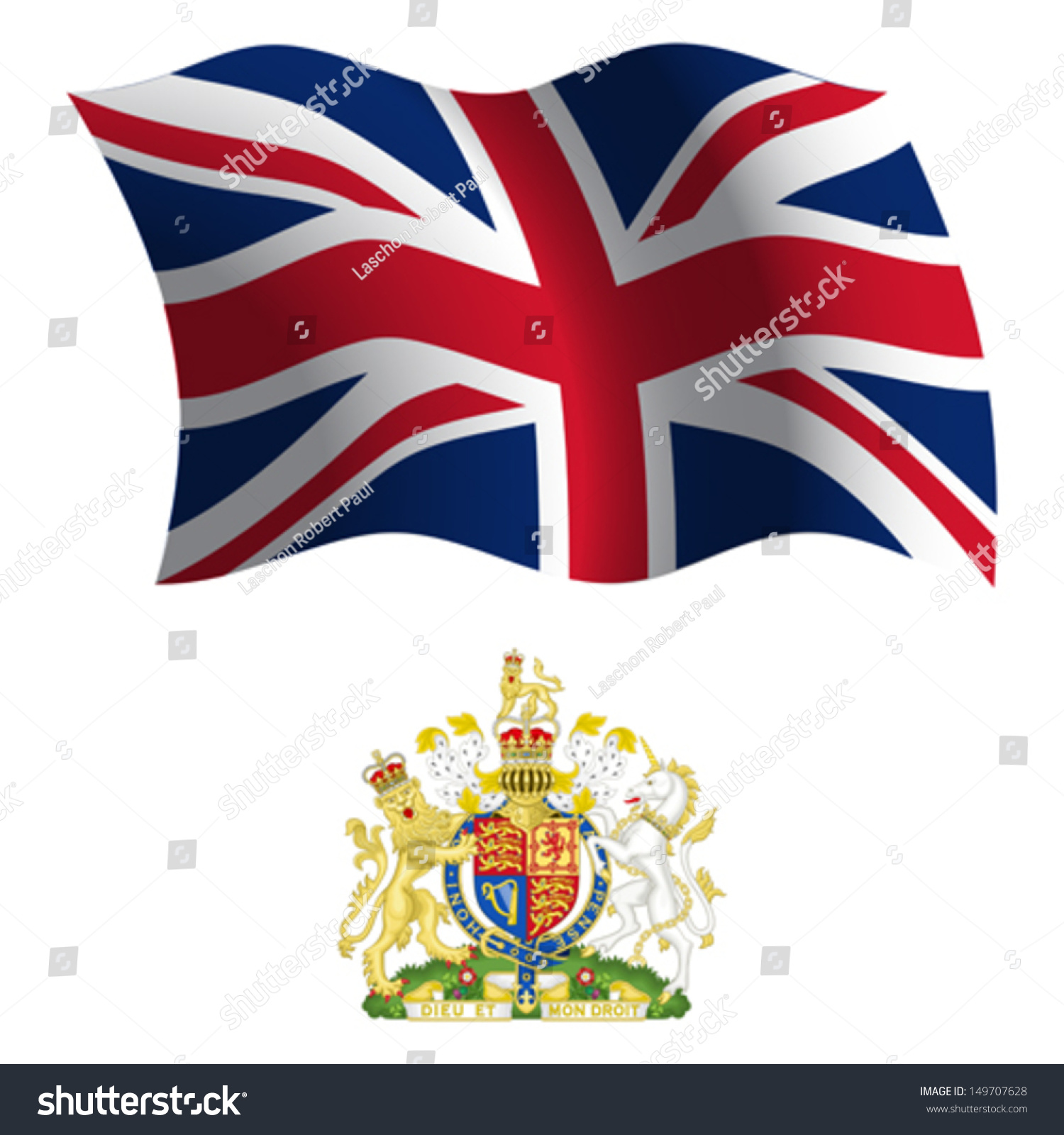 United Kingdom Wavy Flag And Coat Of Arms Against White Background ...