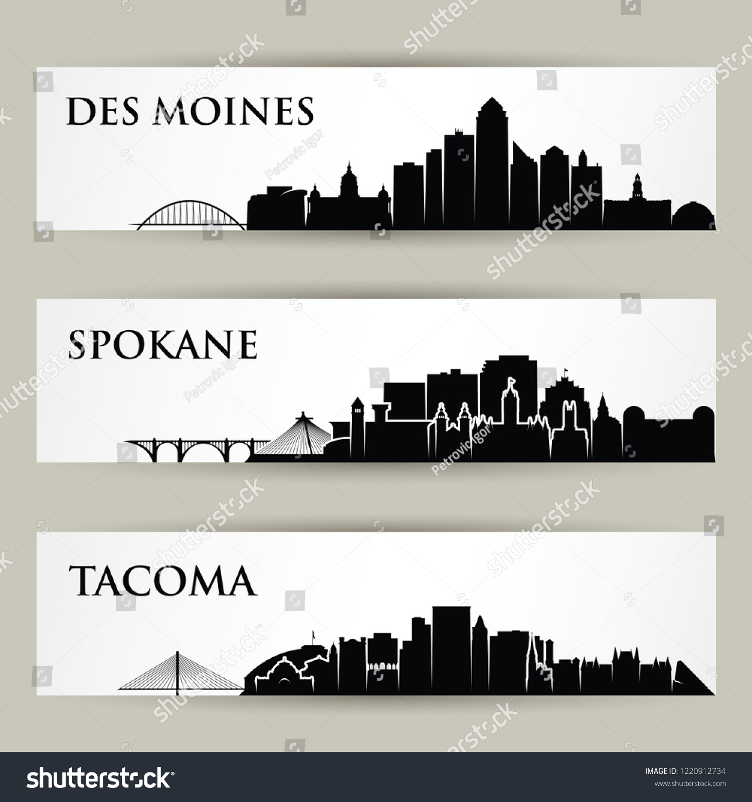 SVG of United States of America cities skylines - USA - Des Moines, Spokane, Tacoma, Iowa, Washington - isolated vector illustration svg