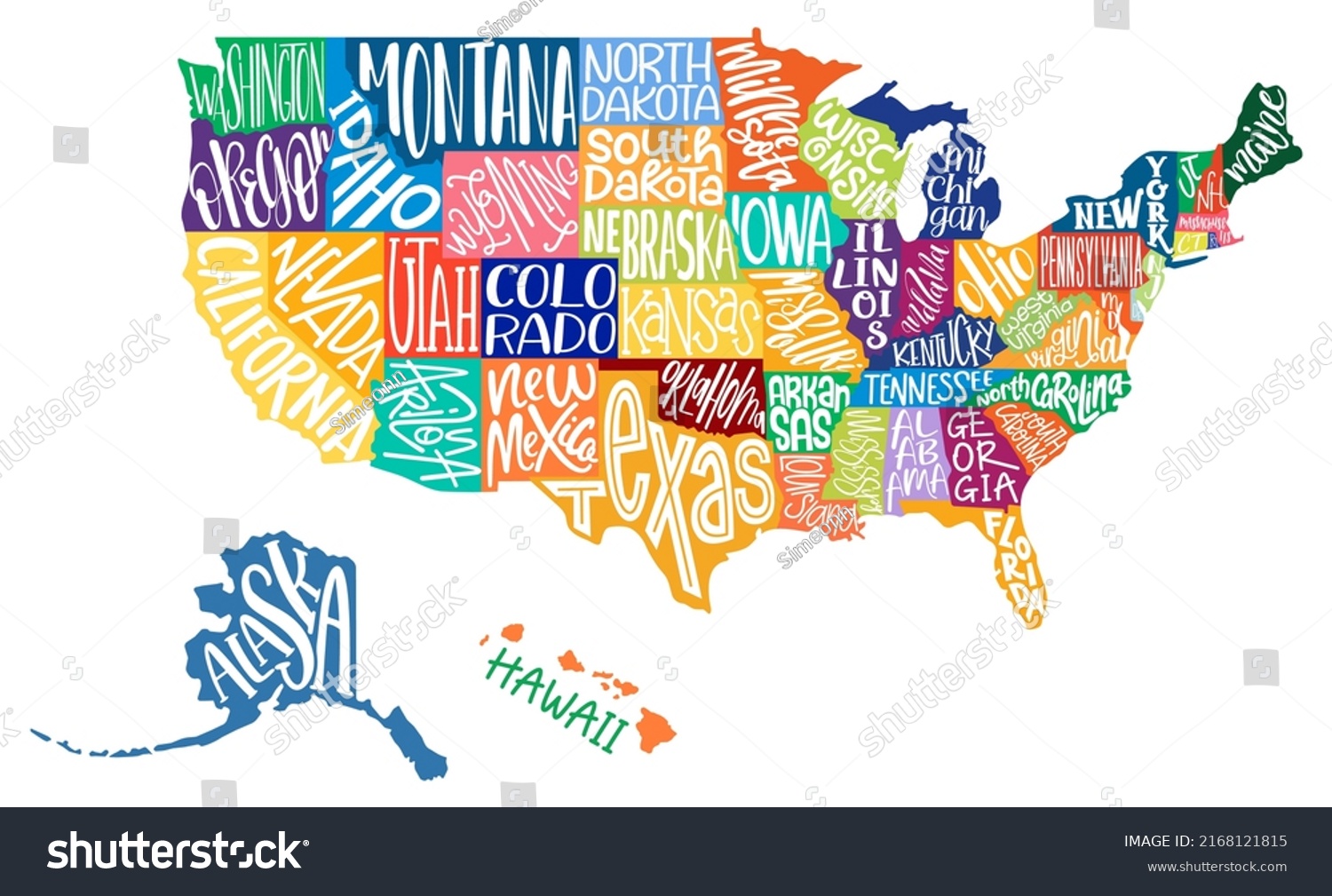 United States America Map Text State Stock Vector Royalty Free 2168121815 Shutterstock 