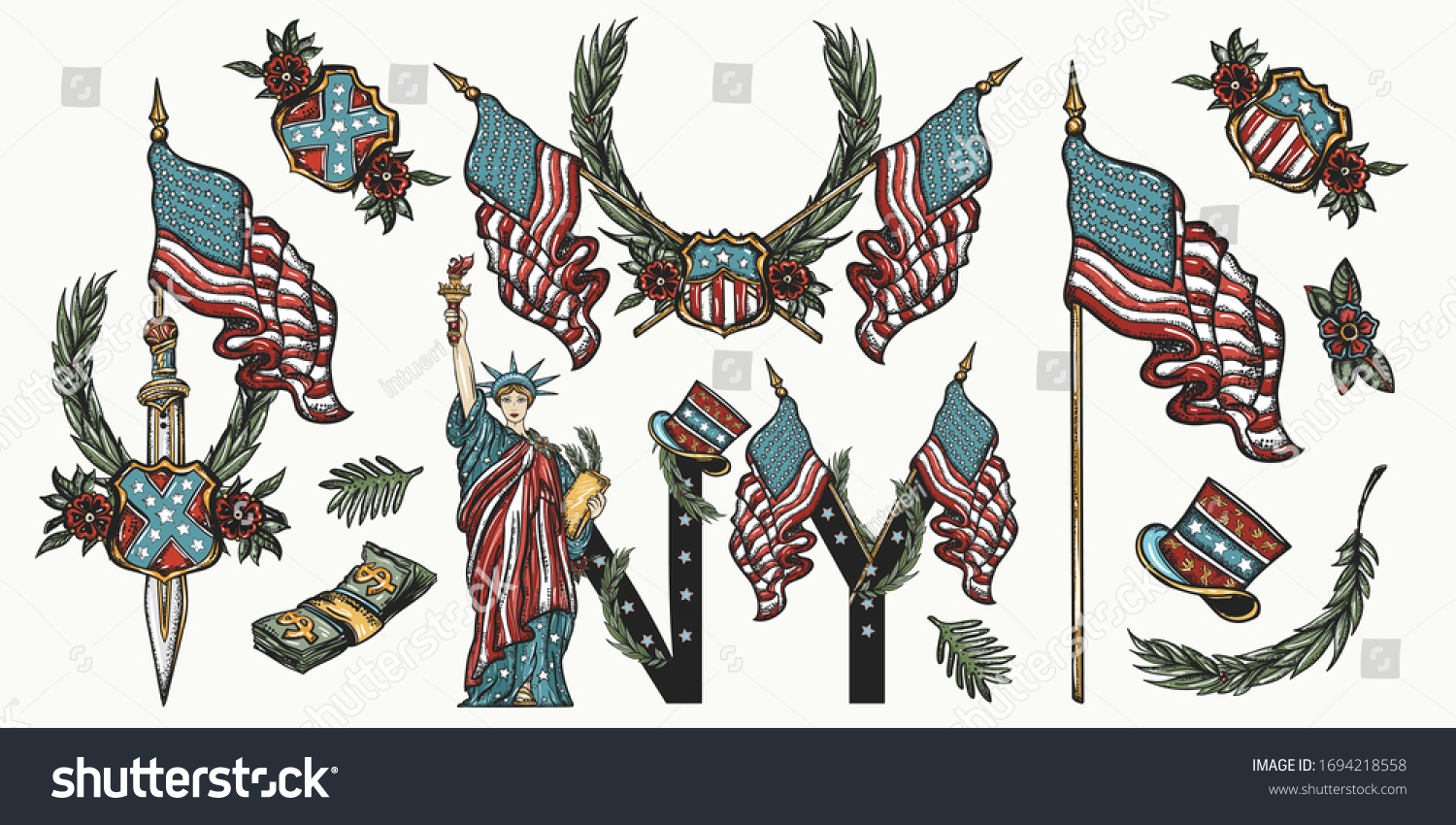 United States America Patriotic Set Traditional Stock Vector Royalty Free 1694218558