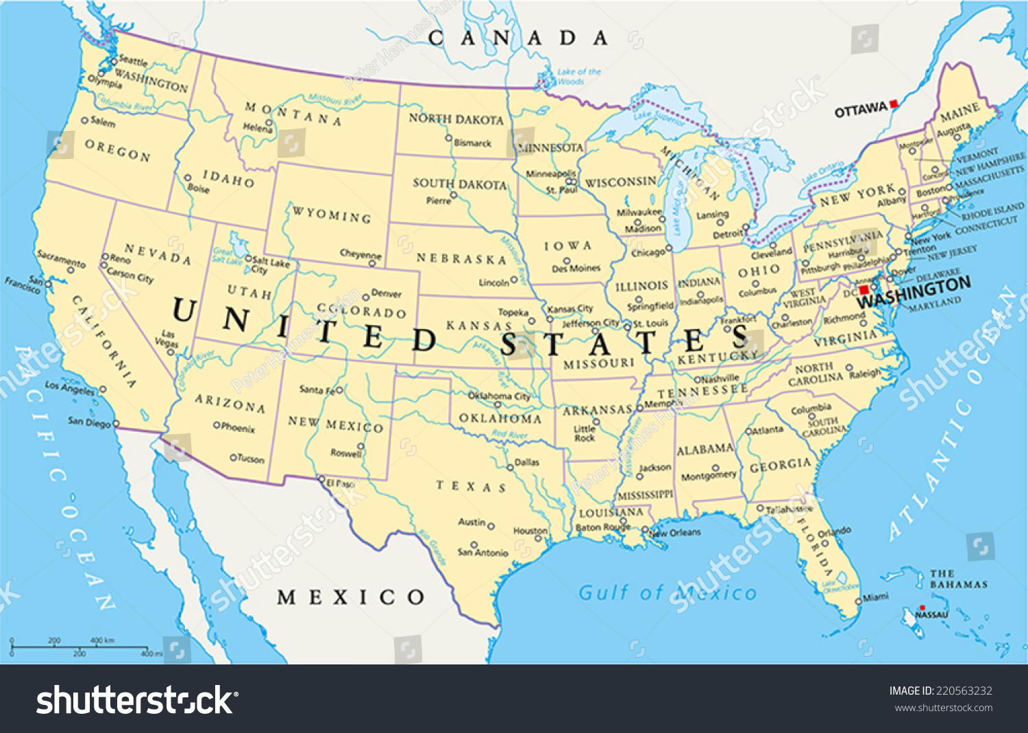 SVG of United States of America Political Map with capital Washington, national borders, most important cities, rivers and lakes. With single states, their borders and capitals, except Hawaii and Alaska. svg