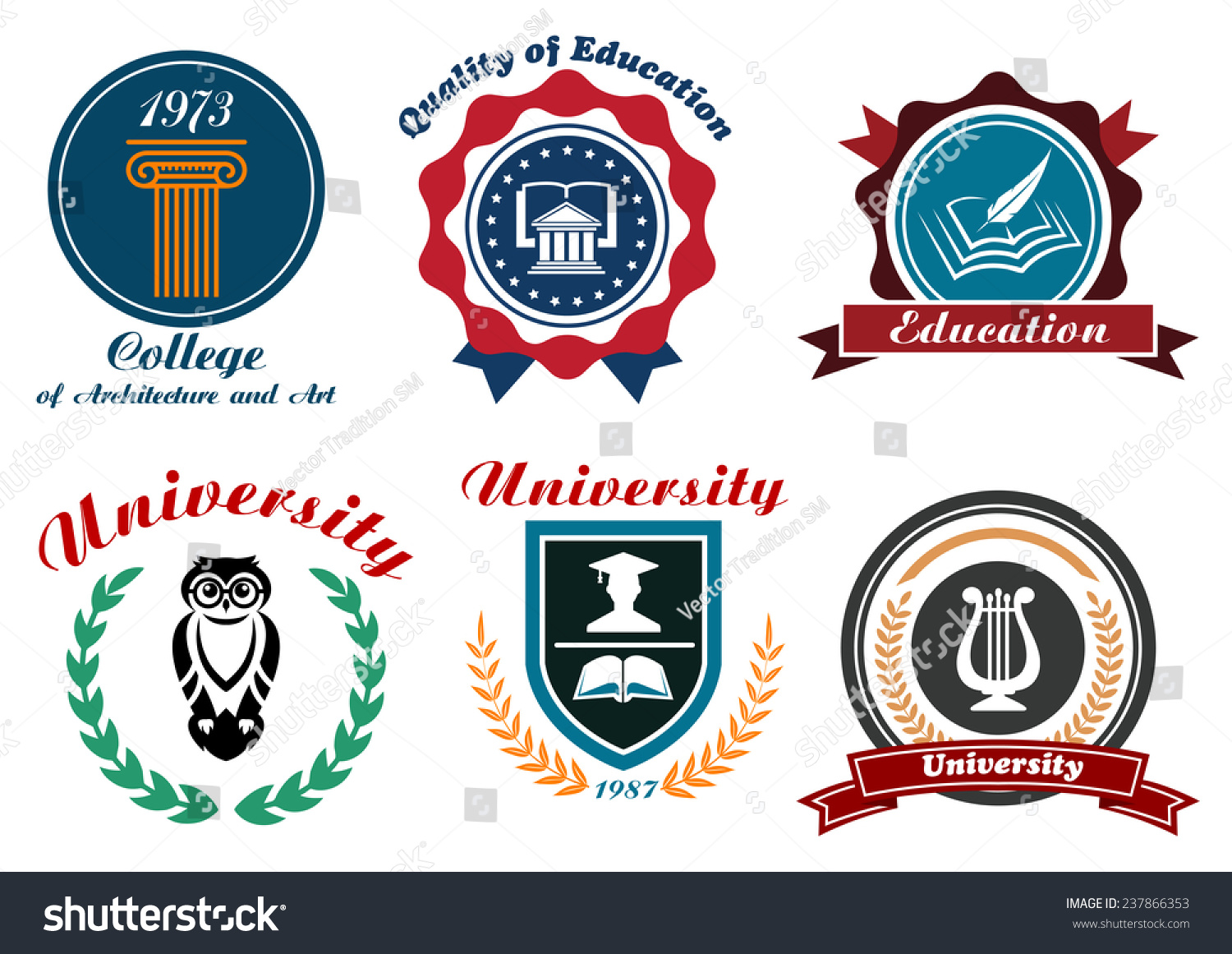 University And College Emblems Or Badges Set In Retro Style With Owl ...