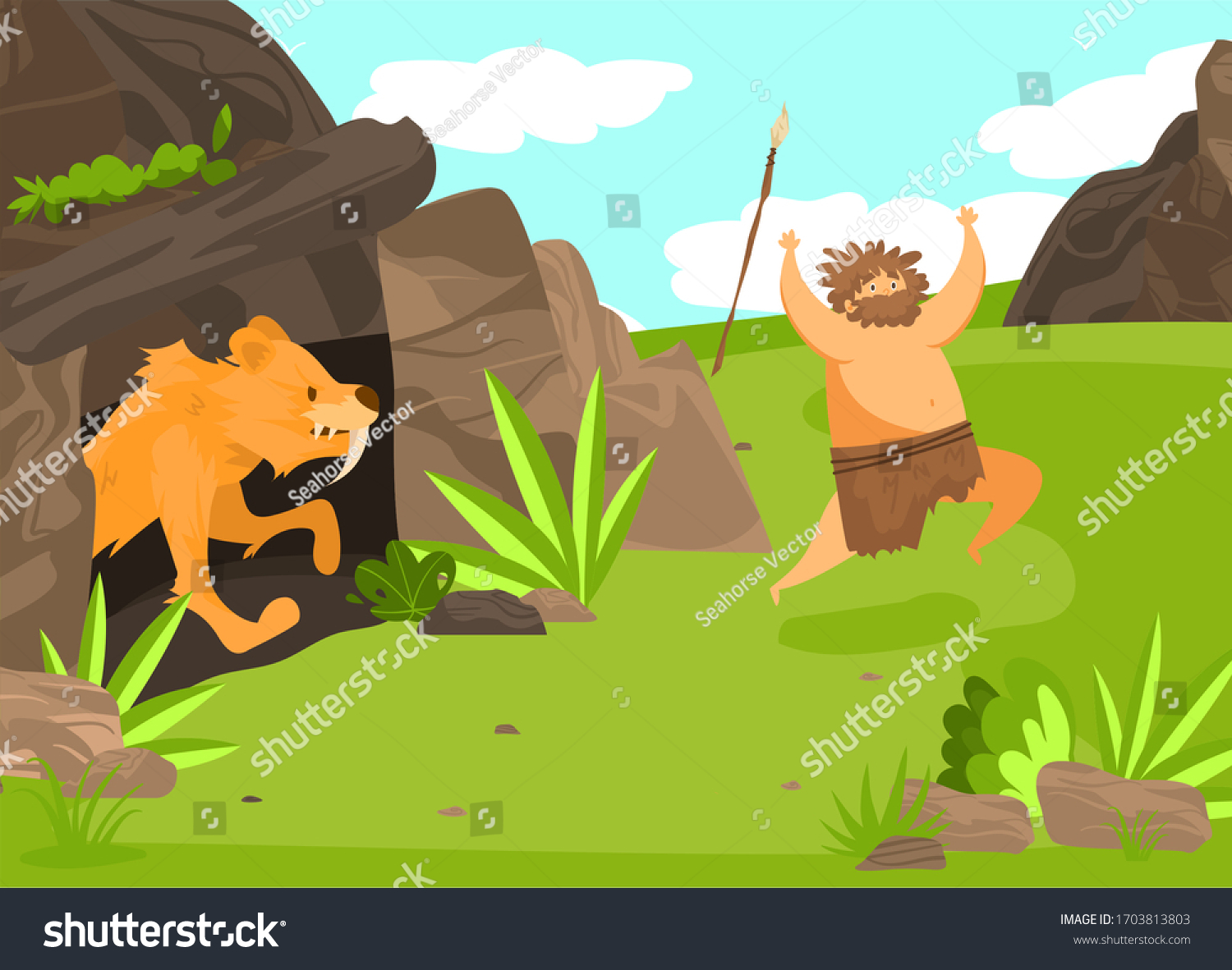 Caza fallida, personaje macho, sable tigre: vector de stock (libre de