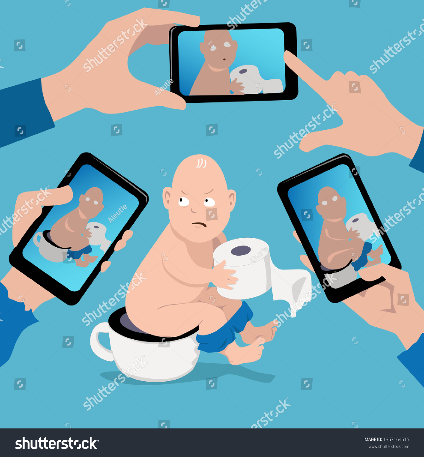 SVG of Upset baby sitting on a potty, multiple smartphones sharing his photo on-line, EPS 8 vector illustration svg